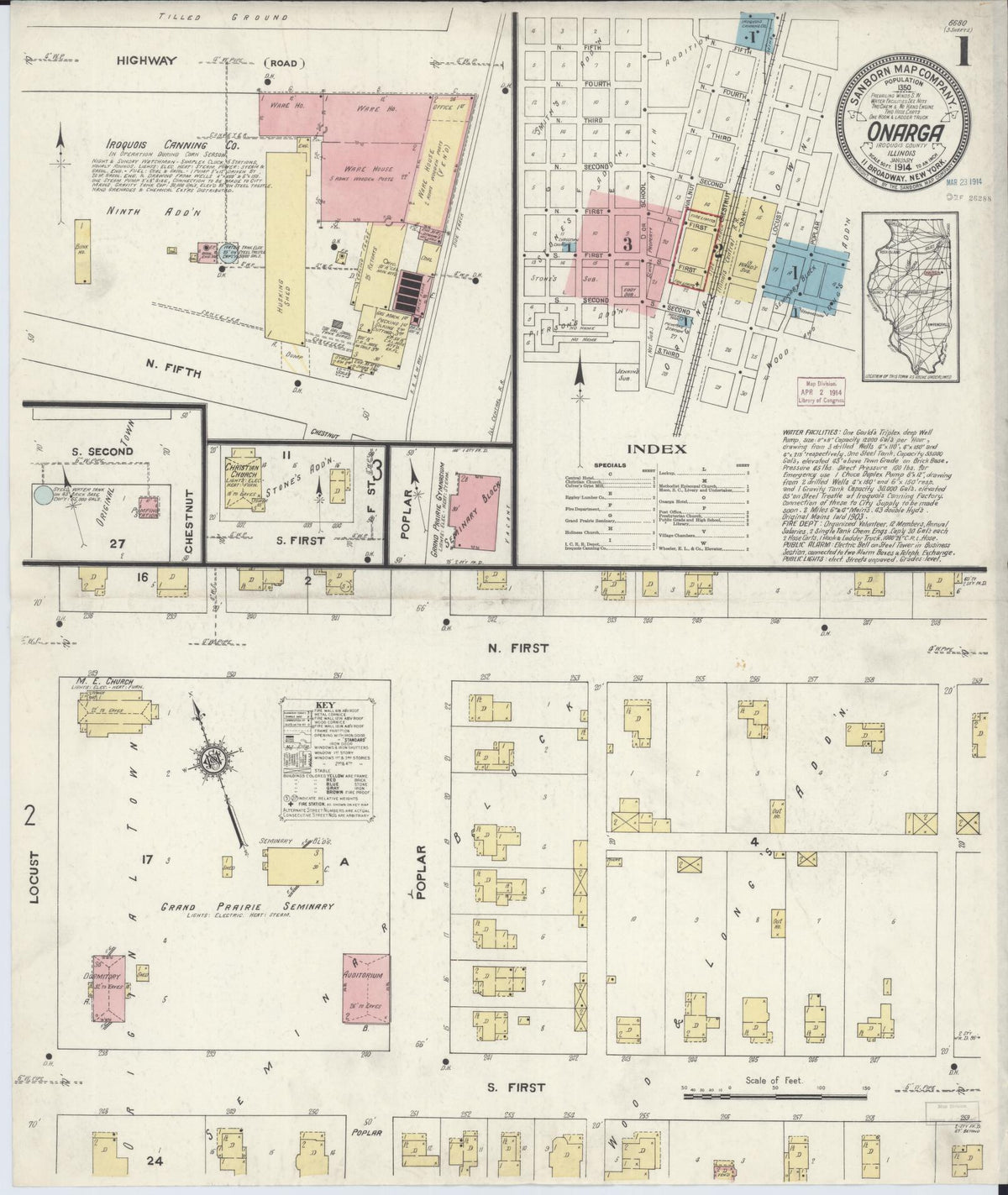 Sanborn Fire Insurance Map from Onarga, Iroquois County, Illinois (1914), Sheet #0001 - Historic Sanborn Fire Insurance Map Print, vintage old map wall art, antique decor, genealogy gift, Illinois Illinois map