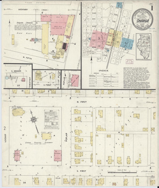 Sanborn Fire Insurance Map from Onarga, Iroquois County, Illinois (1914), Sheet #0001 - Historic Sanborn Fire Insurance Map Print, vintage old map wall art, antique decor, genealogy gift, Illinois Illinois map