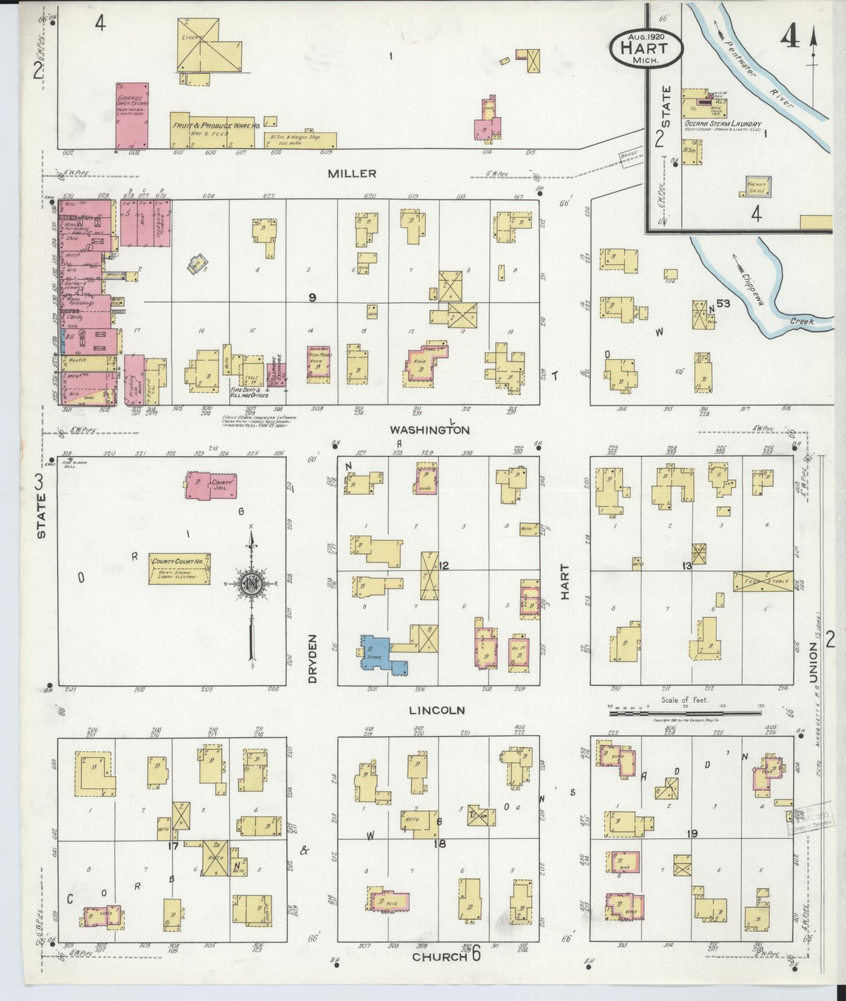 Sanborn Fire Insurance Map from Hart, Oceana County, Michigan (1920), Sheet #0004 - Historic Sanborn Fire Insurance Map Print, vintage old map wall art, antique decor, genealogy gift, Michigan Michigan map