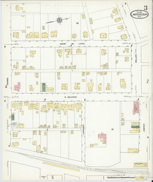 Sanborn Fire Insurance Map from Lawrenceburg, Lawrence County, Tennessee (1910), Sheet #0003 - Historic Sanborn Fire Insurance Map Print, vintage old map wall art, antique decor, genealogy gift, Tennessee Tennessee map