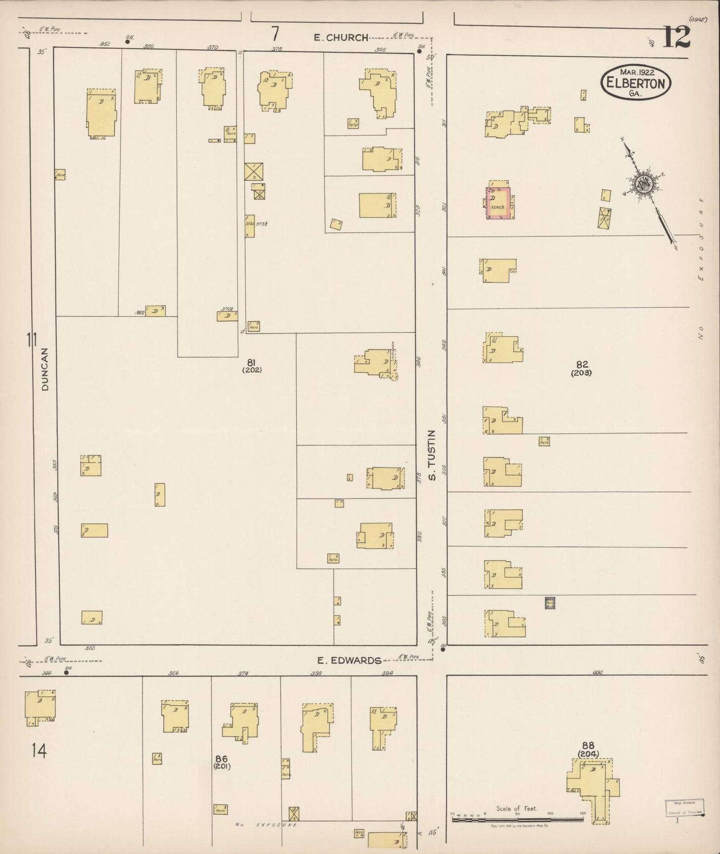 Sanborn Fire Insurance Map from Elberton, Elbert County, Georgia (1922), Sheet #0012 - Historic Sanborn Fire Insurance Map Print, vintage old map wall art, antique decor, genealogy gift, Georgia Georgia map