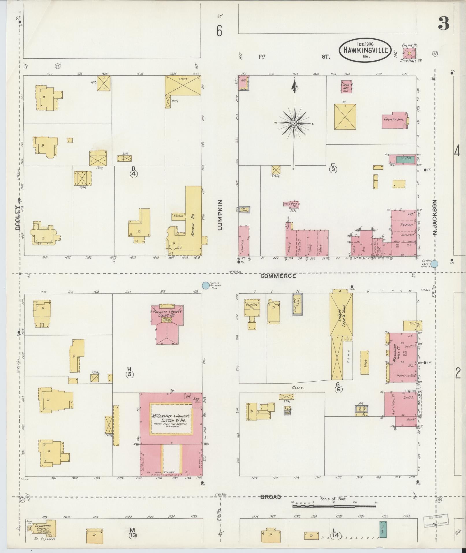 Sanborn Fire Insurance Map from Hawkinsville, Pulaski County, Georgia (1906), Sheet #0003 - Complete Map Set gallery image, historic Sanborn map, vintage wall art, Georgia Georgia