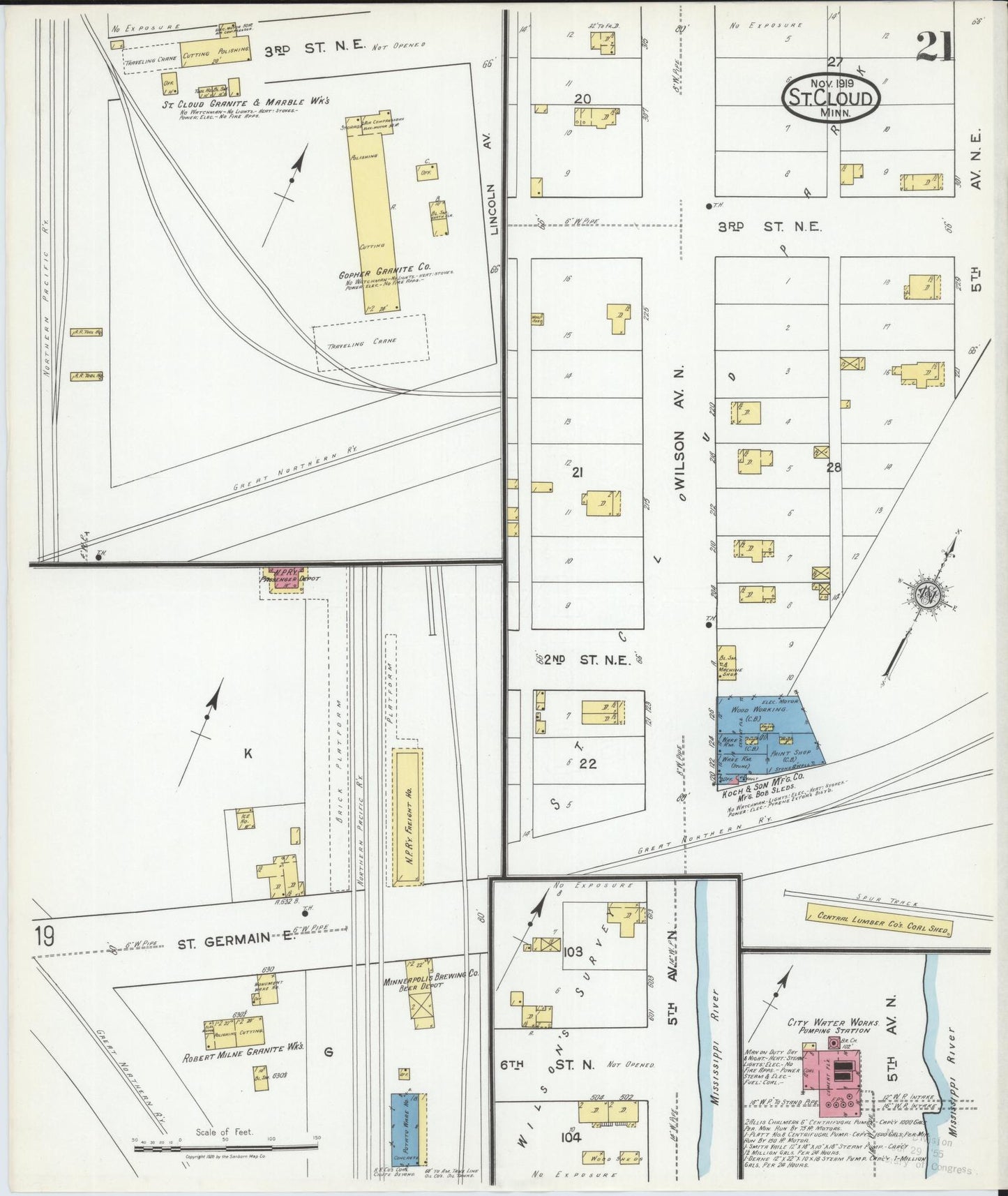Sanborn Fire Insurance Map from Saint Cloud, Stearns, Benton, and Sherburne Counties, Minnesota (1919), Sheet #0021 - Historic Sanborn Fire Insurance Map Print, vintage old map wall art, antique decor, genealogy gift, Minnesota Minnesota map