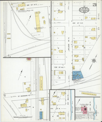 Sanborn Fire Insurance Map from Saint Cloud, Stearns, Benton, and Sherburne Counties, Minnesota (1919), Sheet #0021 - Historic Sanborn Fire Insurance Map Print, vintage old map wall art, antique decor, genealogy gift, Minnesota Minnesota map