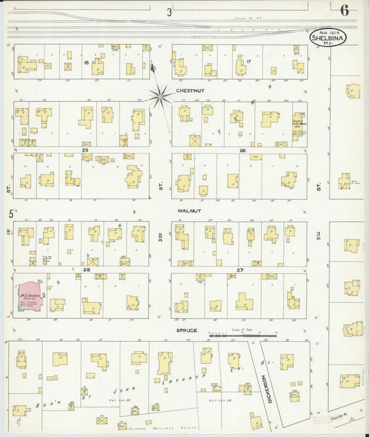 Sanborn Fire Insurance Map from Shelbina, Shelby County, Missouri (1909), Sheet #0006 - Historic Sanborn Fire Insurance Map Print, vintage old map wall art, antique decor, genealogy gift, Missouri Missouri map