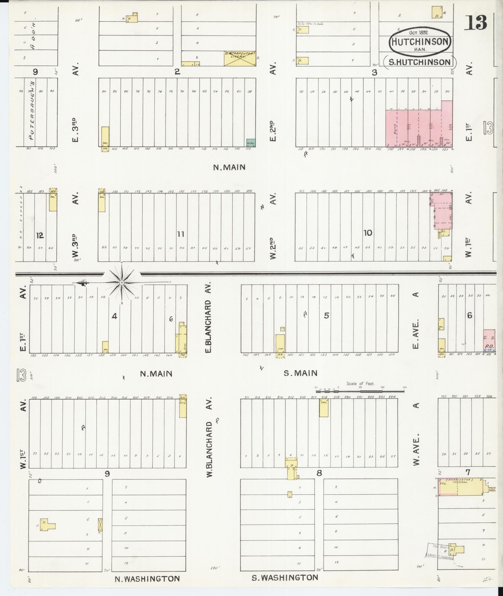 Sanborn Fire Insurance Map from Hutchinson, Reno County, Kansas (1892), Sheet #0013 - Complete Map Set gallery image, historic Sanborn map, vintage wall art, Kansas Kansas