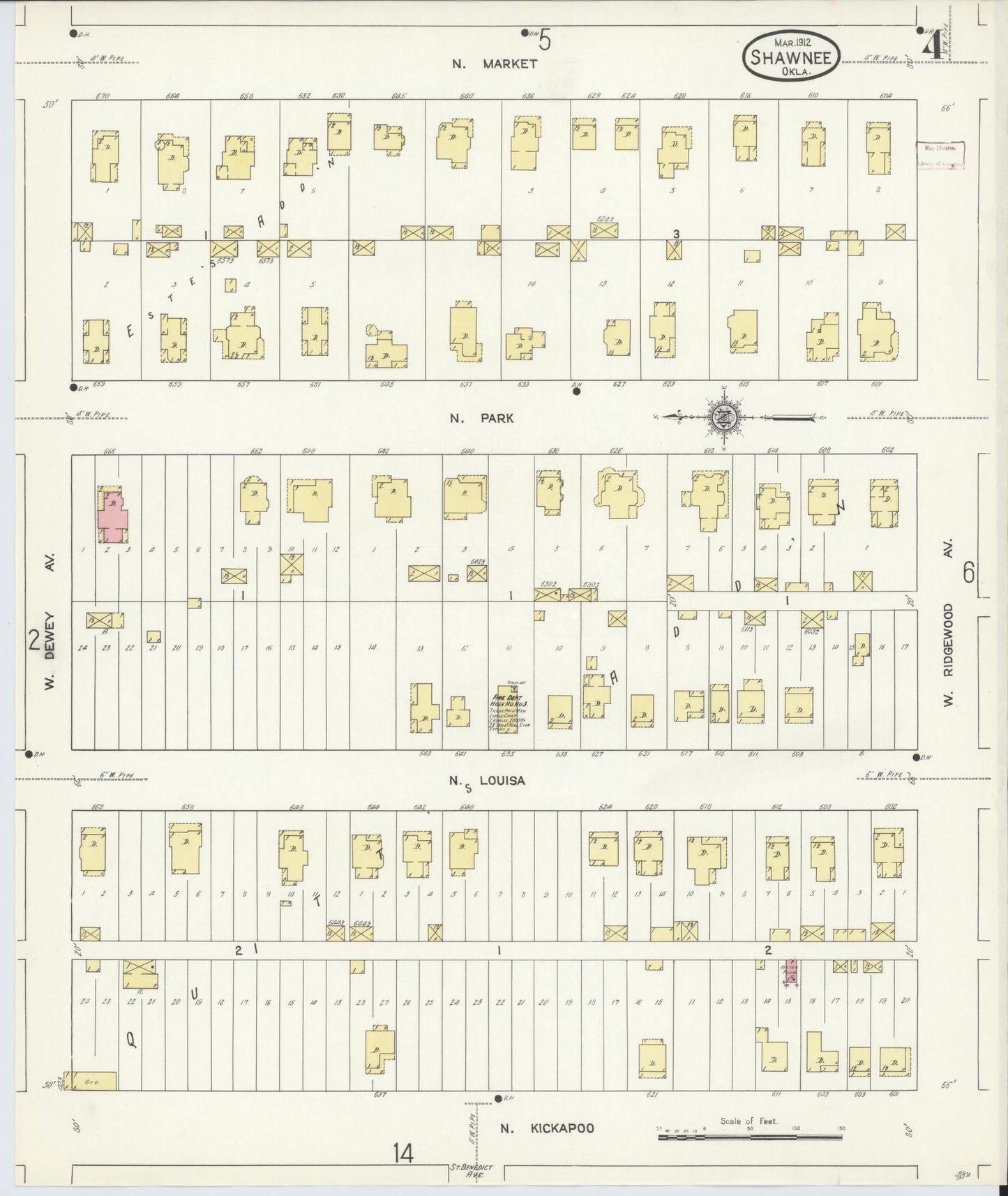 Sanborn Fire Insurance Map from Shawnee, Pottawatomie County, Oklahoma (1912), Sheet #0004 - Complete Map Set gallery image, historic Sanborn map, vintage wall art, Oklahoma Oklahoma