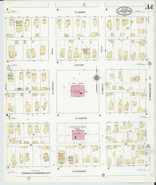 Sanborn Fire Insurance Map from Ludington, Mason County, Michigan (1910), Sheet #0014 - Historic Sanborn Fire Insurance Map Print, vintage old map wall art, antique decor, genealogy gift, Michigan Michigan map