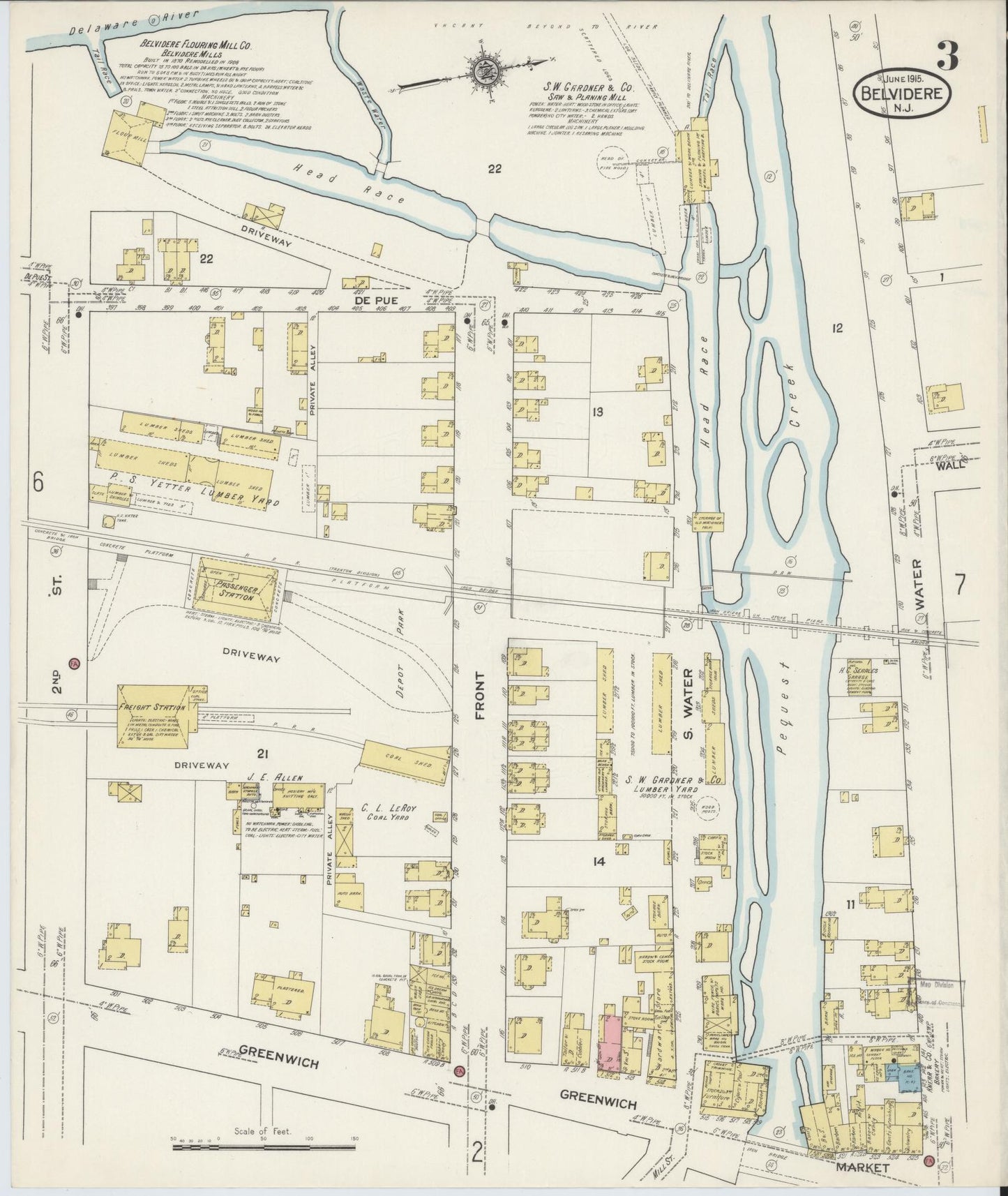 Sanborn Fire Insurance Map from Belvidere, Warren County, New Jersey (1915), Sheet #0003 - Historic Sanborn Fire Insurance Map Print, vintage old map wall art, antique decor, genealogy gift, Pennsylvania Pennsylvania map