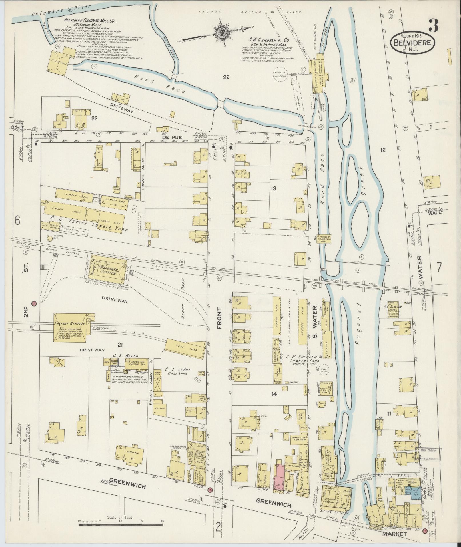 Sanborn Fire Insurance Map from Belvidere, Warren County, New Jersey (1915), Sheet #0003 - Historic Sanborn Fire Insurance Map Print, vintage old map wall art, antique decor, genealogy gift, Pennsylvania Pennsylvania map
