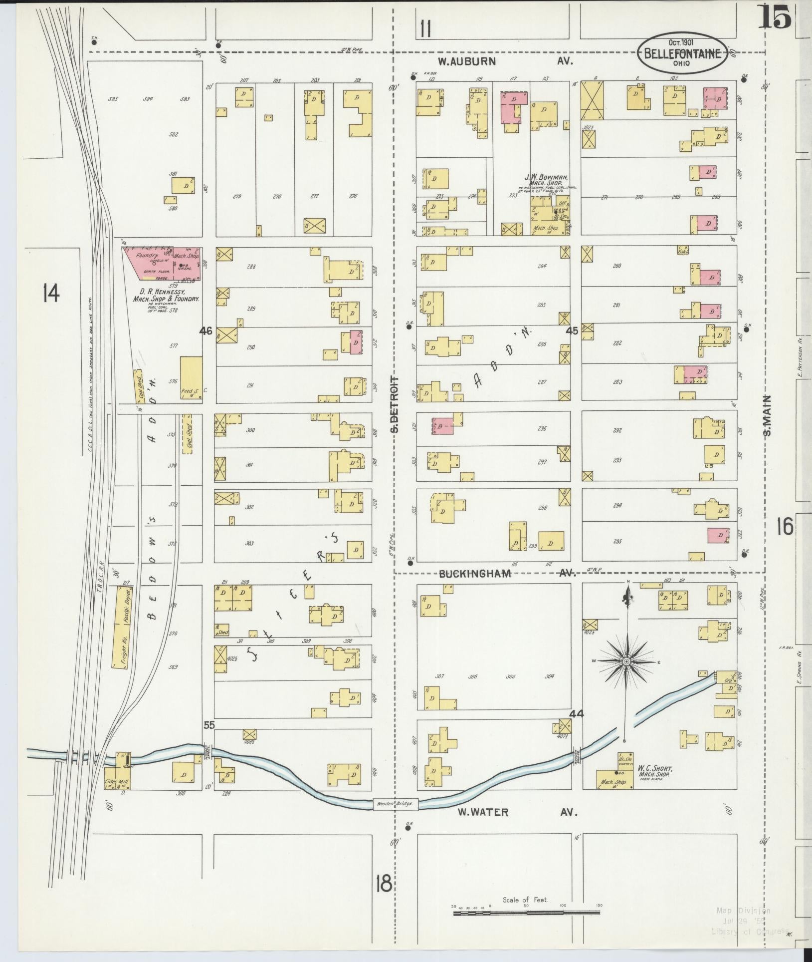 Sanborn Fire Insurance Map from Bellefontaine, Logan County, Ohio (1901), Sheet #0015 - Historic Sanborn Fire Insurance Map Print, vintage old map wall art, antique decor, genealogy gift, Ohio Ohio map