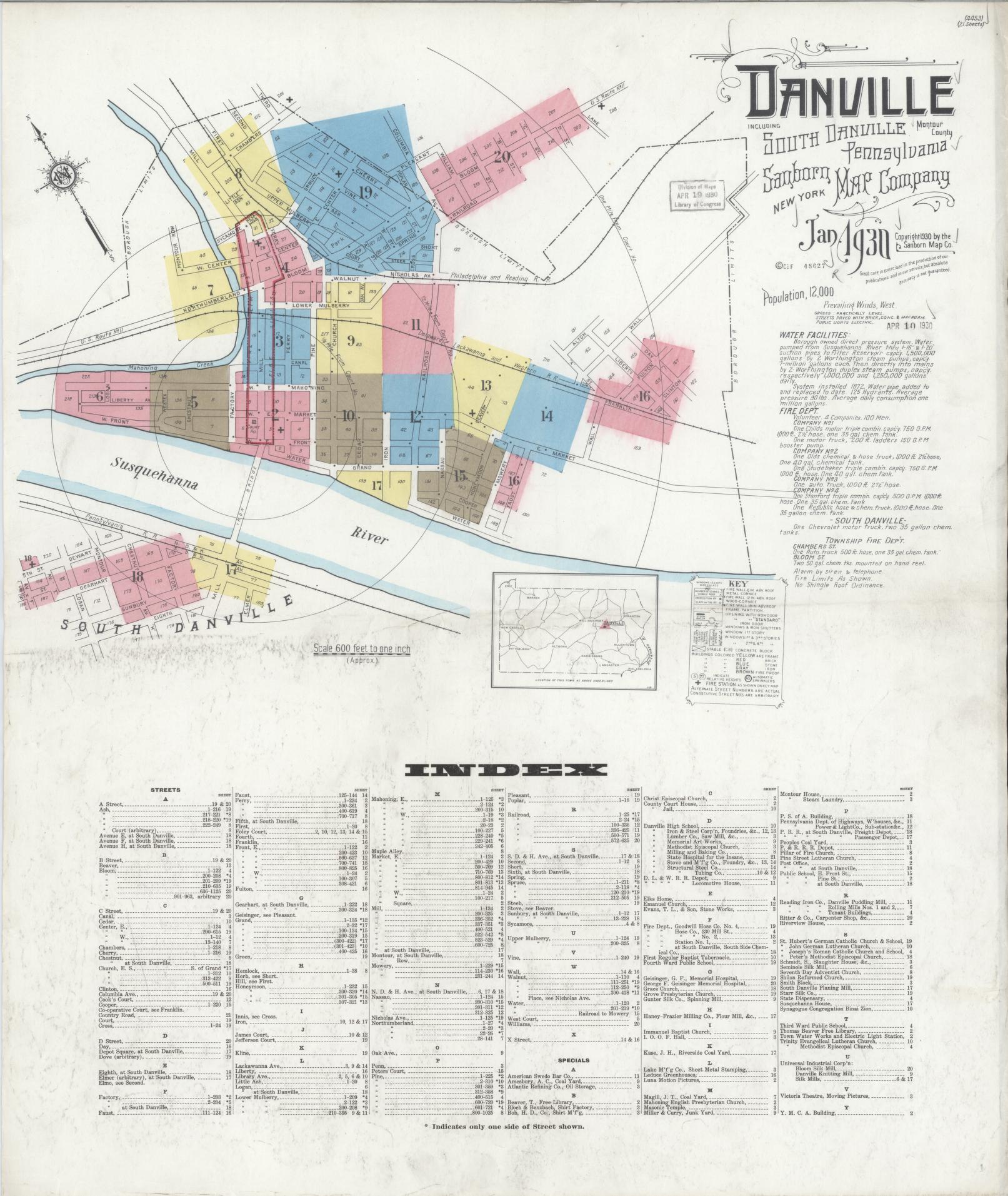 Sanborn Fire Insurance Map from Danville, Montour County, Pennsylvania (1930), Sheet #0001 - Historic Sanborn Fire Insurance Map Print, vintage old map wall art, antique decor, genealogy gift, Pennsylvania Pennsylvania map