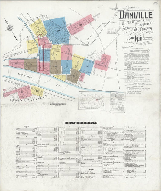 Sanborn Fire Insurance Map from Danville, Montour County, Pennsylvania (1930), Sheet #0001 - Historic Sanborn Fire Insurance Map Print, vintage old map wall art, antique decor, genealogy gift, Pennsylvania Pennsylvania map