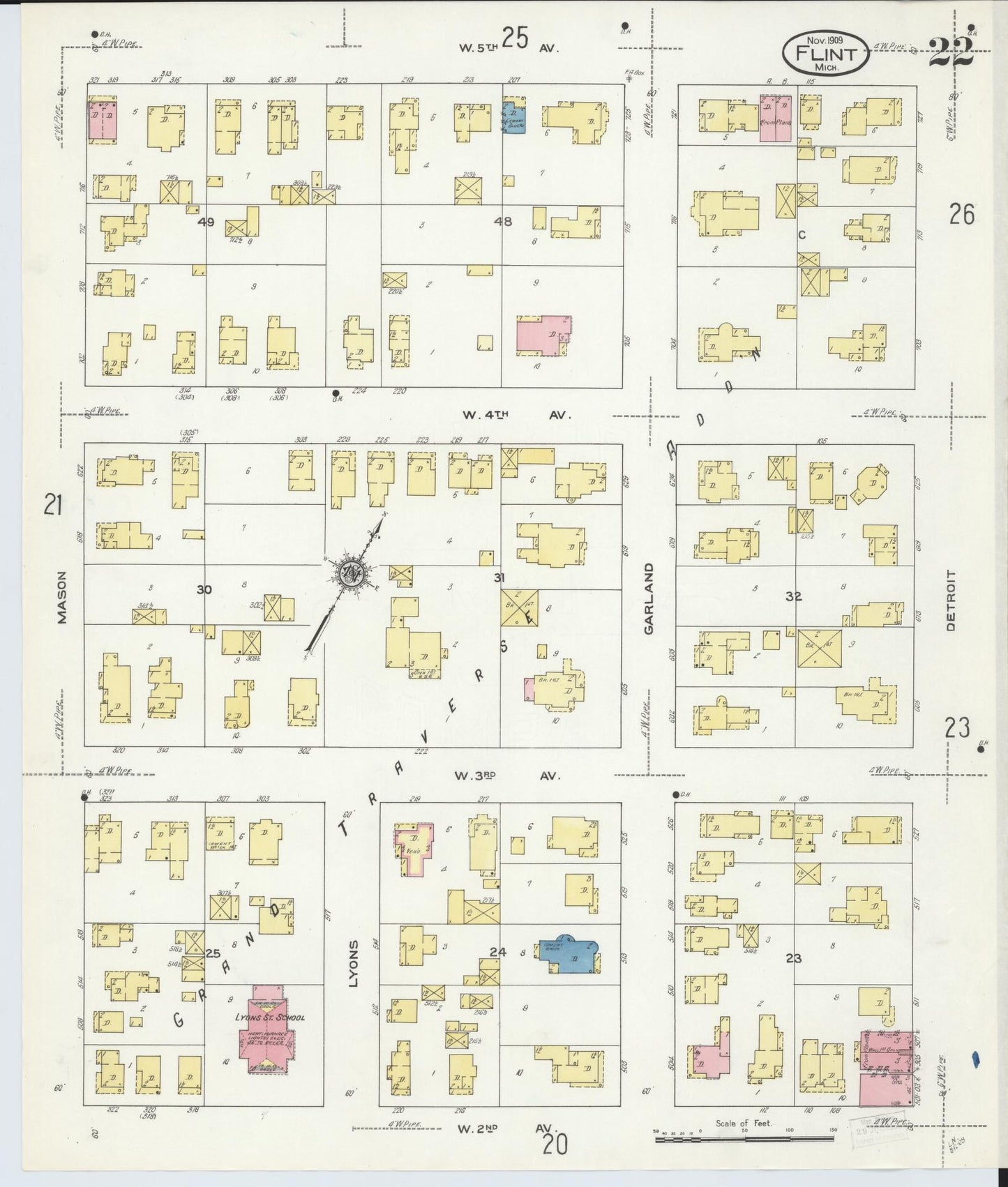 Sanborn Fire Insurance Map from Flint, Genesee County, Michigan (1909), Sheet #0022 - Complete Map Set gallery image, historic Sanborn map, vintage wall art, Michigan Michigan