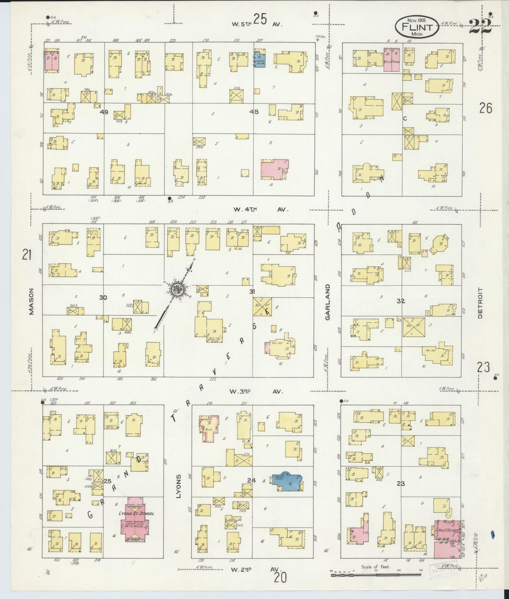 Sanborn Fire Insurance Map from Flint, Genesee County, Michigan (1909), Sheet #0022 - Complete Map Set gallery image, historic Sanborn map, vintage wall art, Michigan Michigan