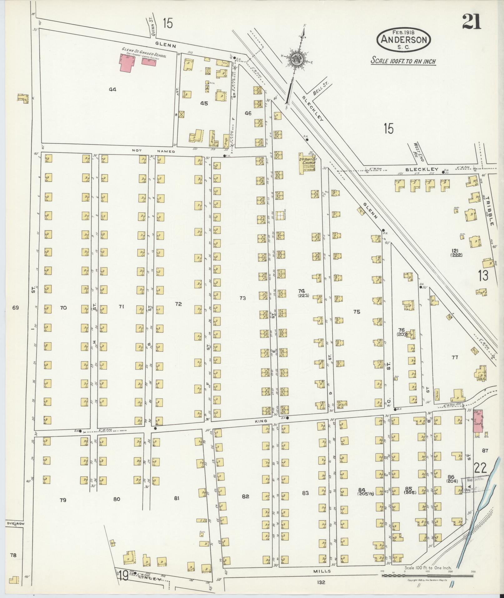 Sanborn Fire Insurance Map from Anderson, Anderson County, South Carolina (1918), Sheet #0021 - Historic Sanborn Fire Insurance Map Print, vintage old map wall art, antique decor, genealogy gift, South Carolina South Carolina map