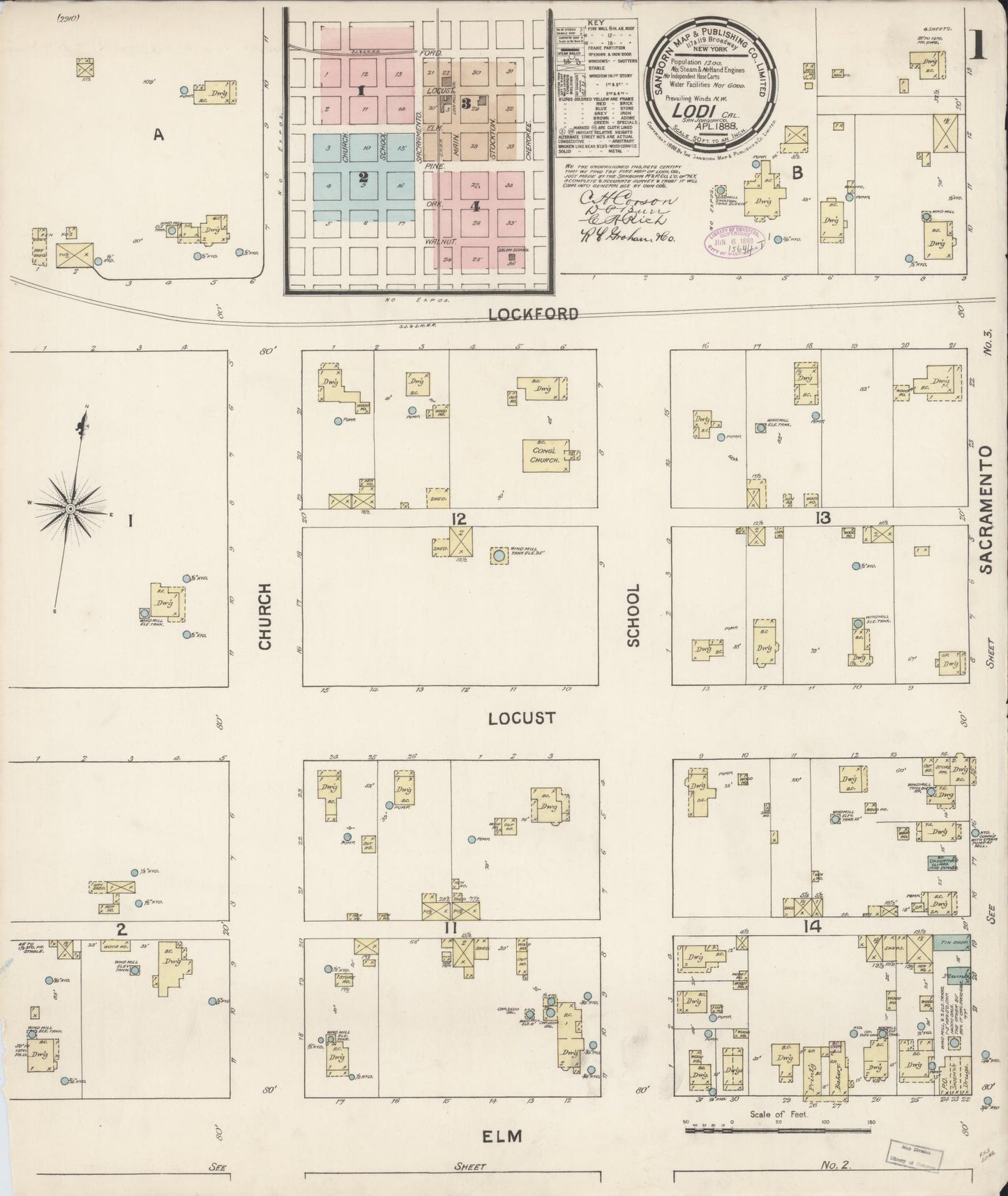 Sanborn Fire Insurance Map from Lodi, San Joaquin County, California (1888), Sheet #0001 - Historic Sanborn Fire Insurance Map Print, vintage old map wall art, antique decor, genealogy gift, California California map