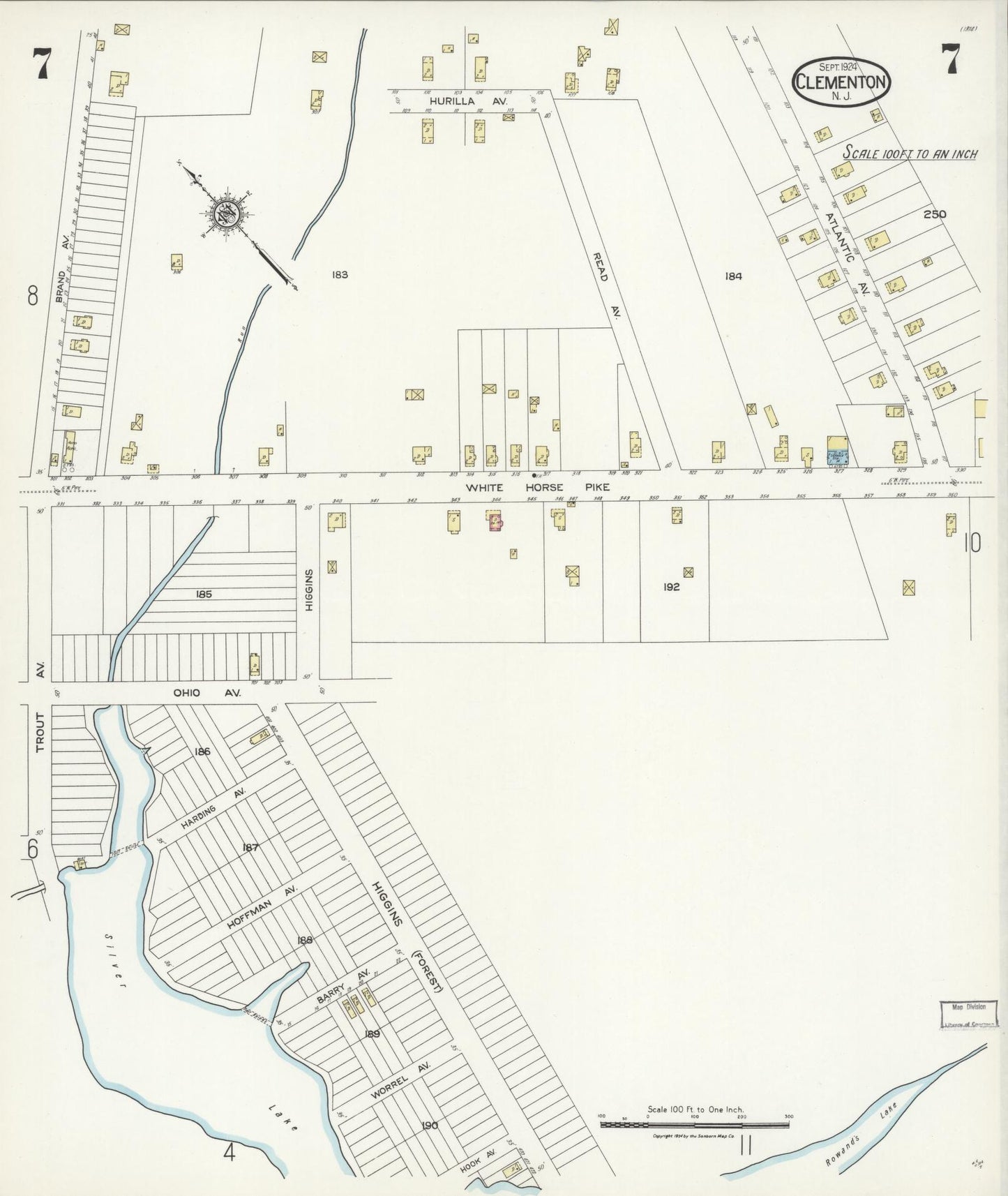 Sanborn Fire Insurance Map from Clementon, Camden County, New Jersey (1924), Sheet #0007 - Historic Sanborn Fire Insurance Map Print, vintage old map wall art, antique decor, genealogy gift, New Jersey New Jersey map
