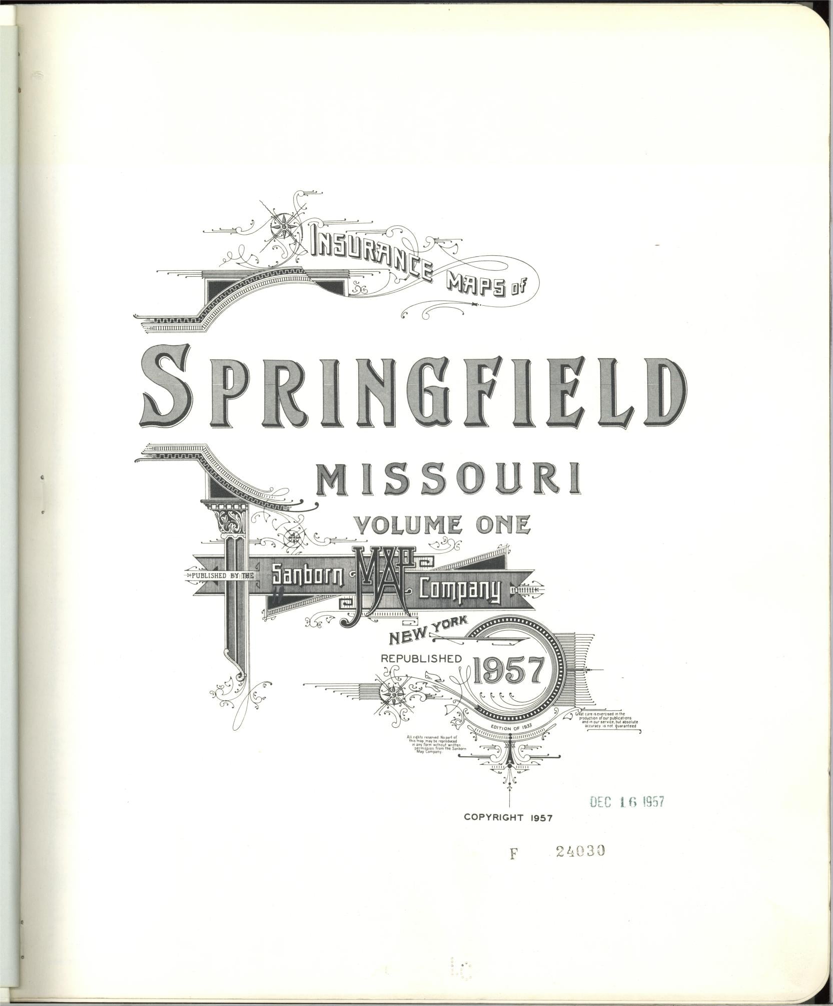 Sanborn Fire Insurance Map from Springfield, Greene County, Missouri (1957), Sheet #0001 - Historic Sanborn Fire Insurance Map Print, vintage old map wall art, antique decor, genealogy gift, Missouri Missouri map
