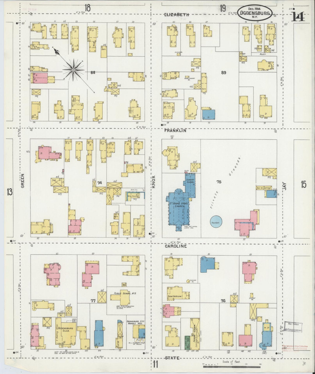 Sanborn Fire Insurance Map from Ogdensburg, St. Lawrence County, New York (1904), Sheet #0014 - Historic Sanborn Fire Insurance Map Print, vintage old map wall art, antique decor, genealogy gift, New York New York map