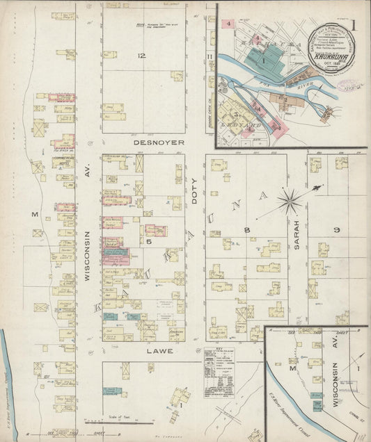 Sanborn Fire Insurance Map from Kaukauna, Outagamie County, Wisconsin (1885), Sheet #0001 - Historic Sanborn Fire Insurance Map Print, vintage old map wall art, antique decor, genealogy gift, Wisconsin Wisconsin map