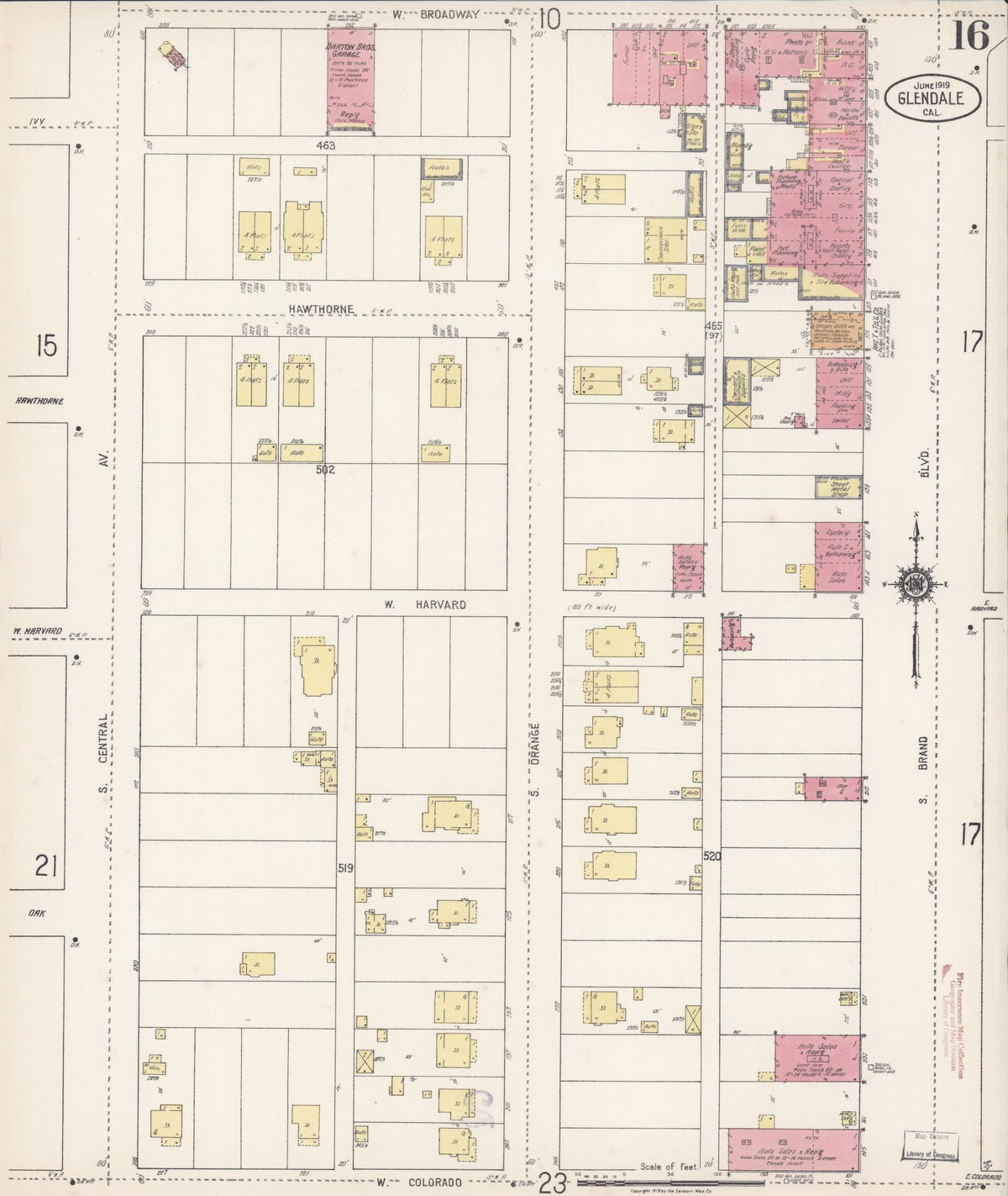 Sanborn Fire Insurance Map from Glendale, Los Angeles County, California (1919), Sheet #0016 - Complete Map Set gallery image, historic Sanborn map, vintage wall art, California California