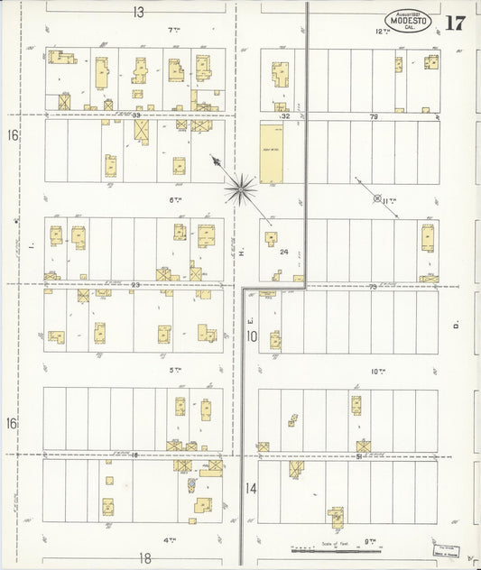 Sanborn Fire Insurance Map from Modesto, Stanislaus County, California (1907), Sheet #0017 - Historic Sanborn Fire Insurance Map Print, vintage old map wall art, antique decor, genealogy gift, California California map