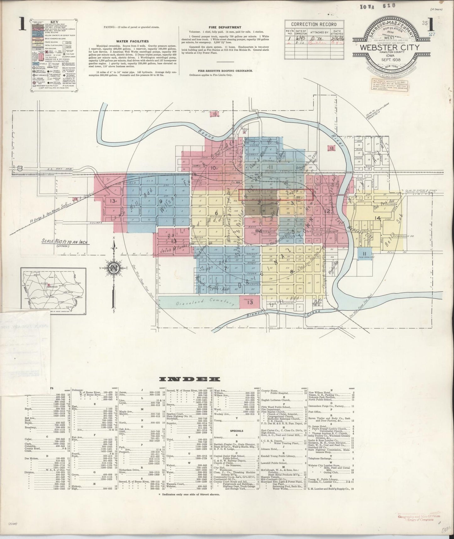 Sanborn Fire Insurance Map from Webster City, Hamilton County, Iowa (1950), Sheet #0001 - Historic Sanborn Fire Insurance Map Print, vintage old map wall art