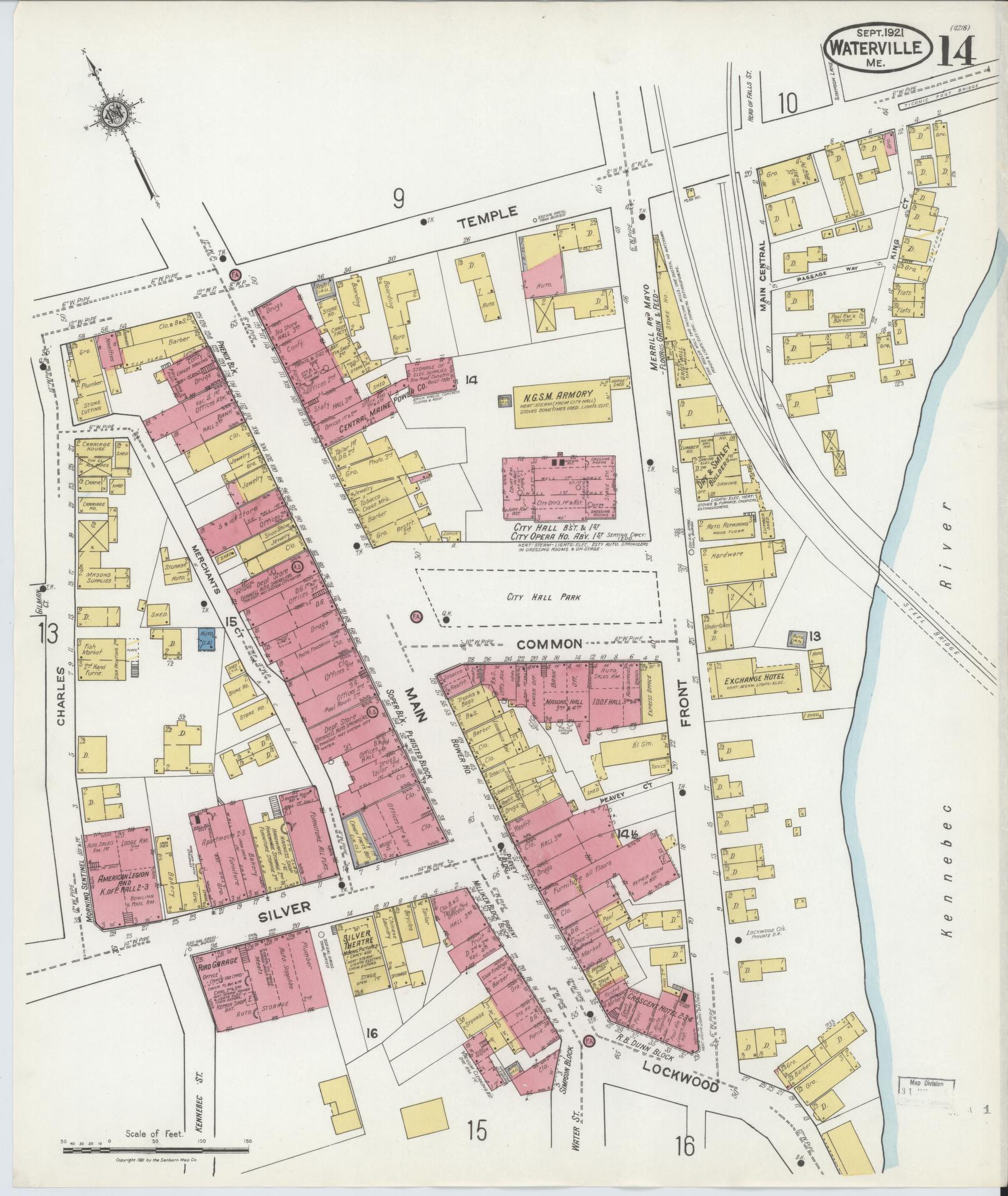 Sanborn Fire Insurance Map from Waterville, Kennebec County, Maine (1921), Sheet #0014 - Complete Map Set gallery image, historic Sanborn map, vintage wall art, Maine Maine