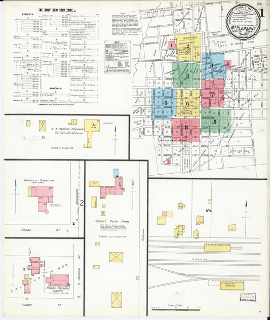 Sanborn Fire Insurance Map from Mount Pleasant, Henry County, Iowa (1899), Sheet #0001 - Historic Sanborn Fire Insurance Map Print, vintage old map wall art