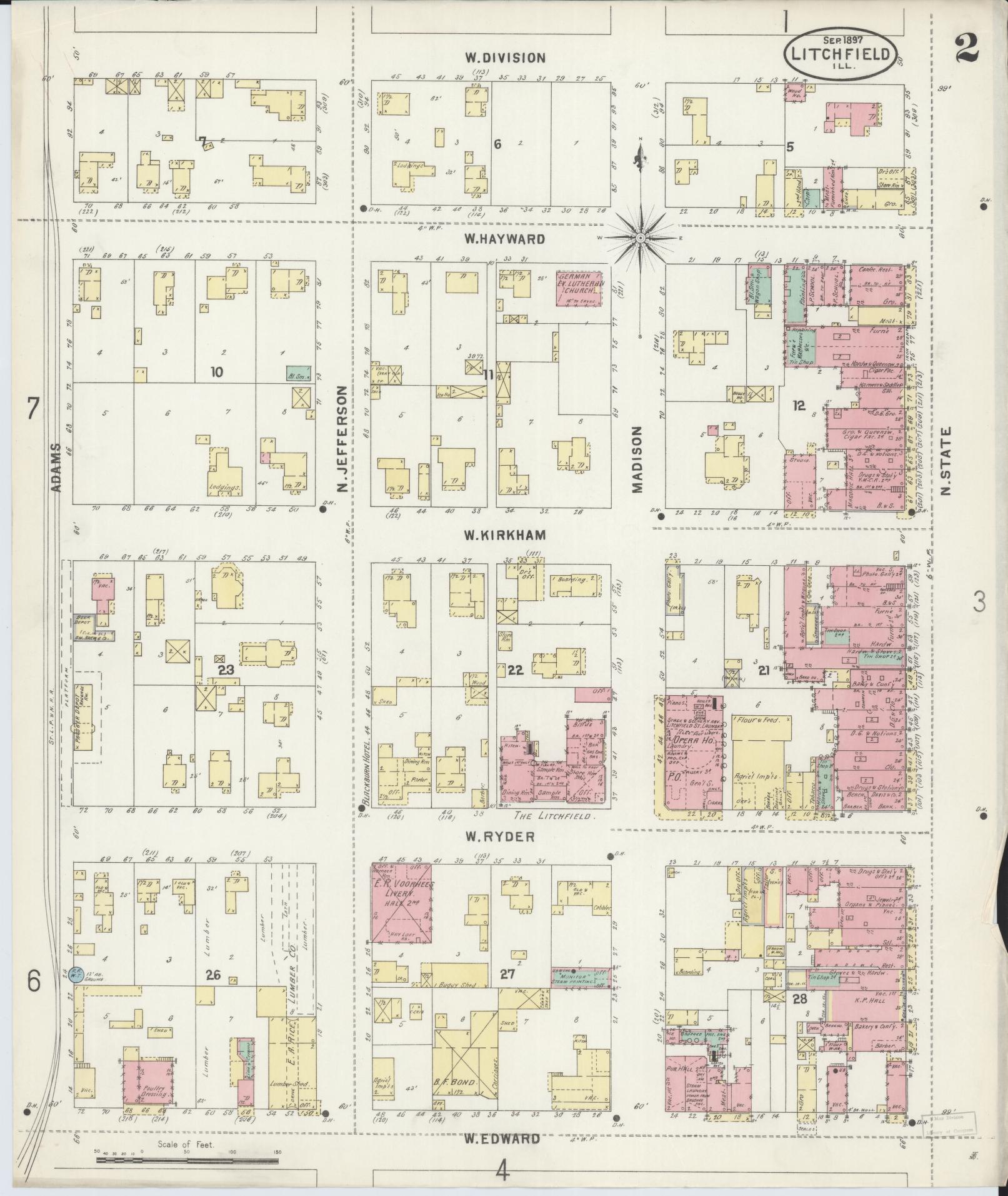 Sanborn Fire Insurance Map from Litchfield, Montgomery County, Illinois (1897), Sheet #0002 - Historic Sanborn Fire Insurance Map Print, vintage old map wall art, antique decor, genealogy gift, Illinois Illinois map