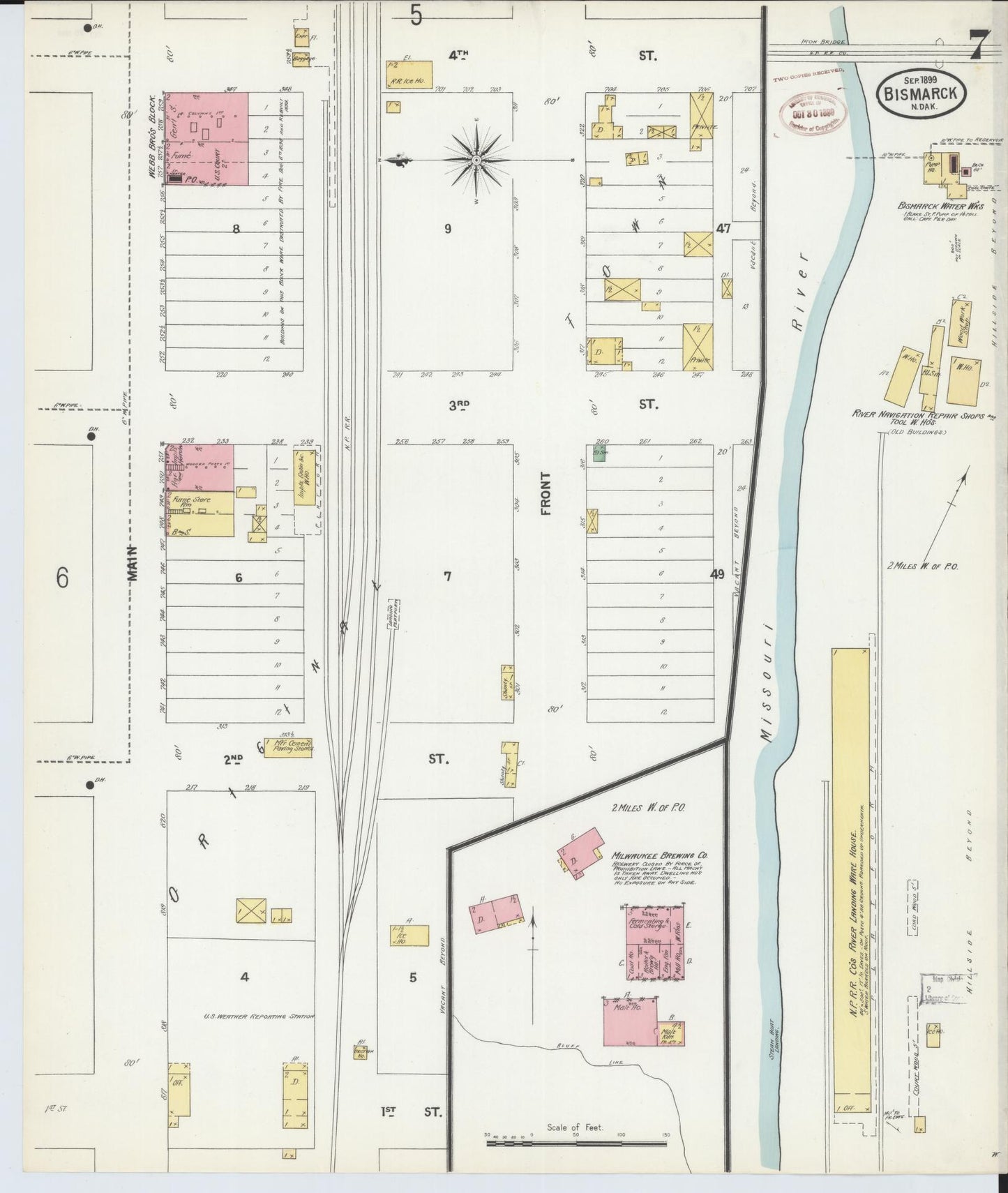 Sanborn Fire Insurance Map from Bismarck, Burleigh County, North Dakota (1899), Sheet #0007 - Historic Sanborn Fire Insurance Map Print, vintage old map wall art, antique decor, genealogy gift, North Dakota North Dakota map