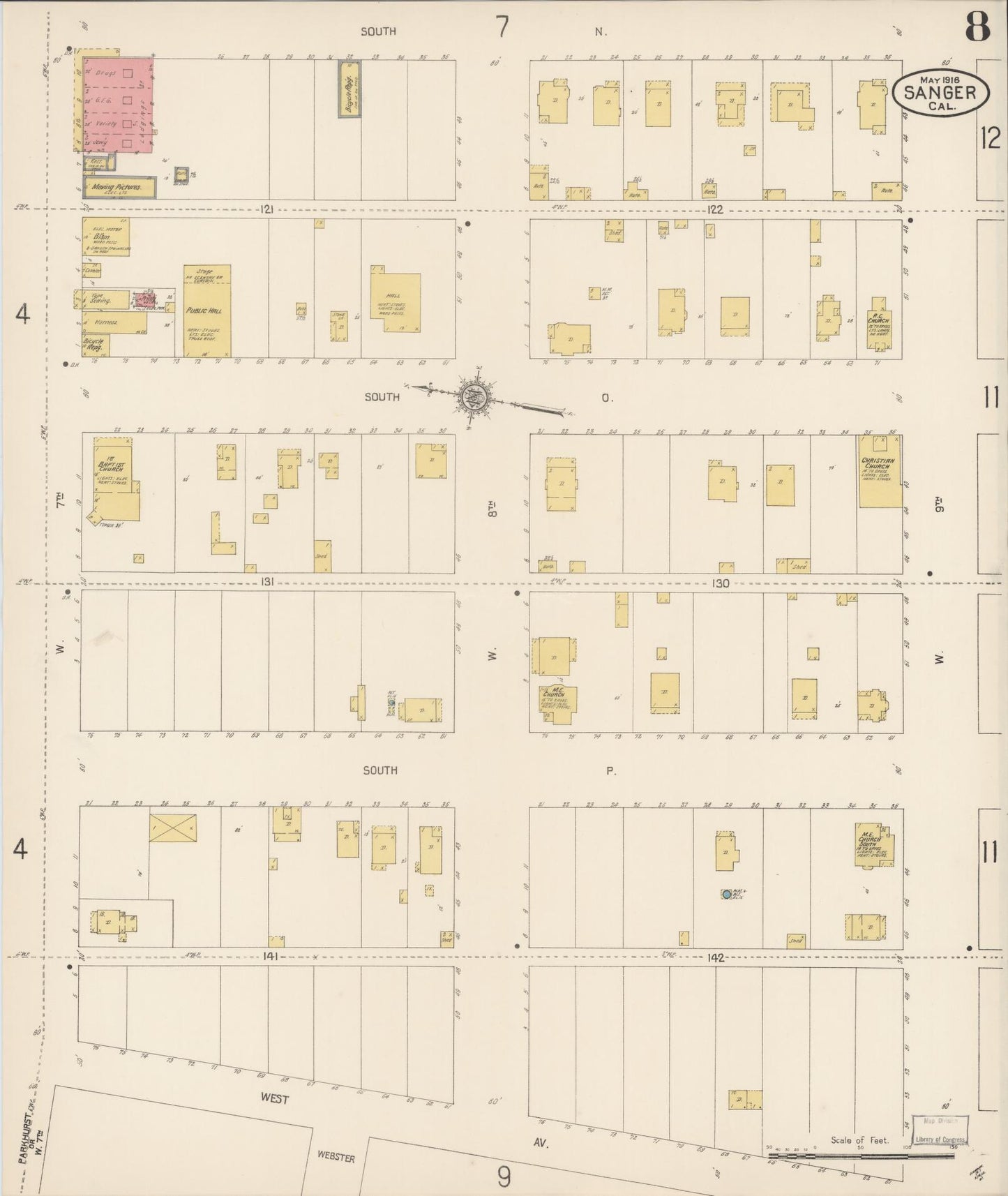 Sanborn Fire Insurance Map from Sanger, Fresno County, California (1916), Sheet #0008 - Complete Map Set gallery image, historic Sanborn map, vintage wall art, California California