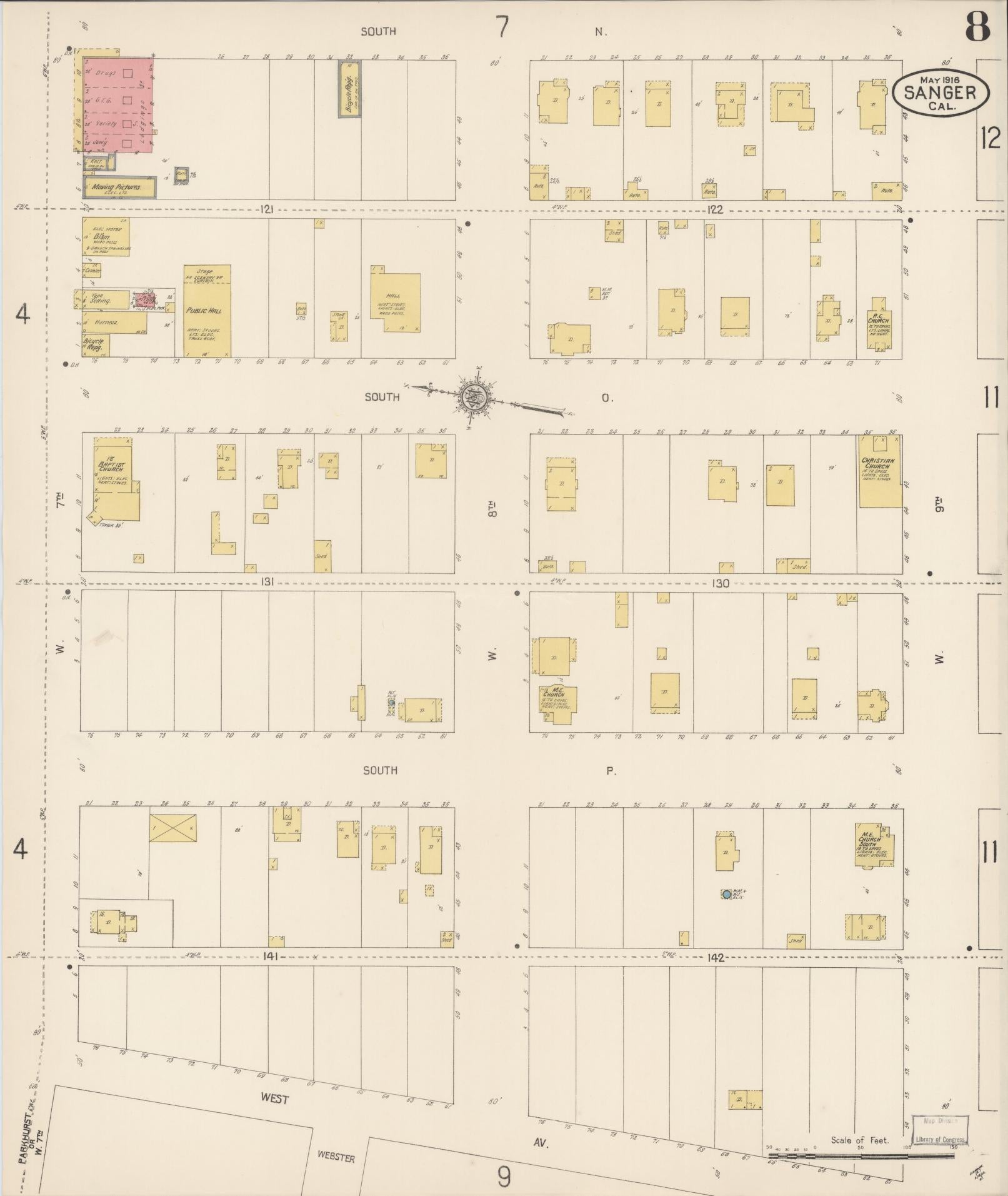 Sanborn Fire Insurance Map from Sanger, Fresno County, California (1916), Sheet #0008 - Complete Map Set gallery image, historic Sanborn map, vintage wall art, California California
