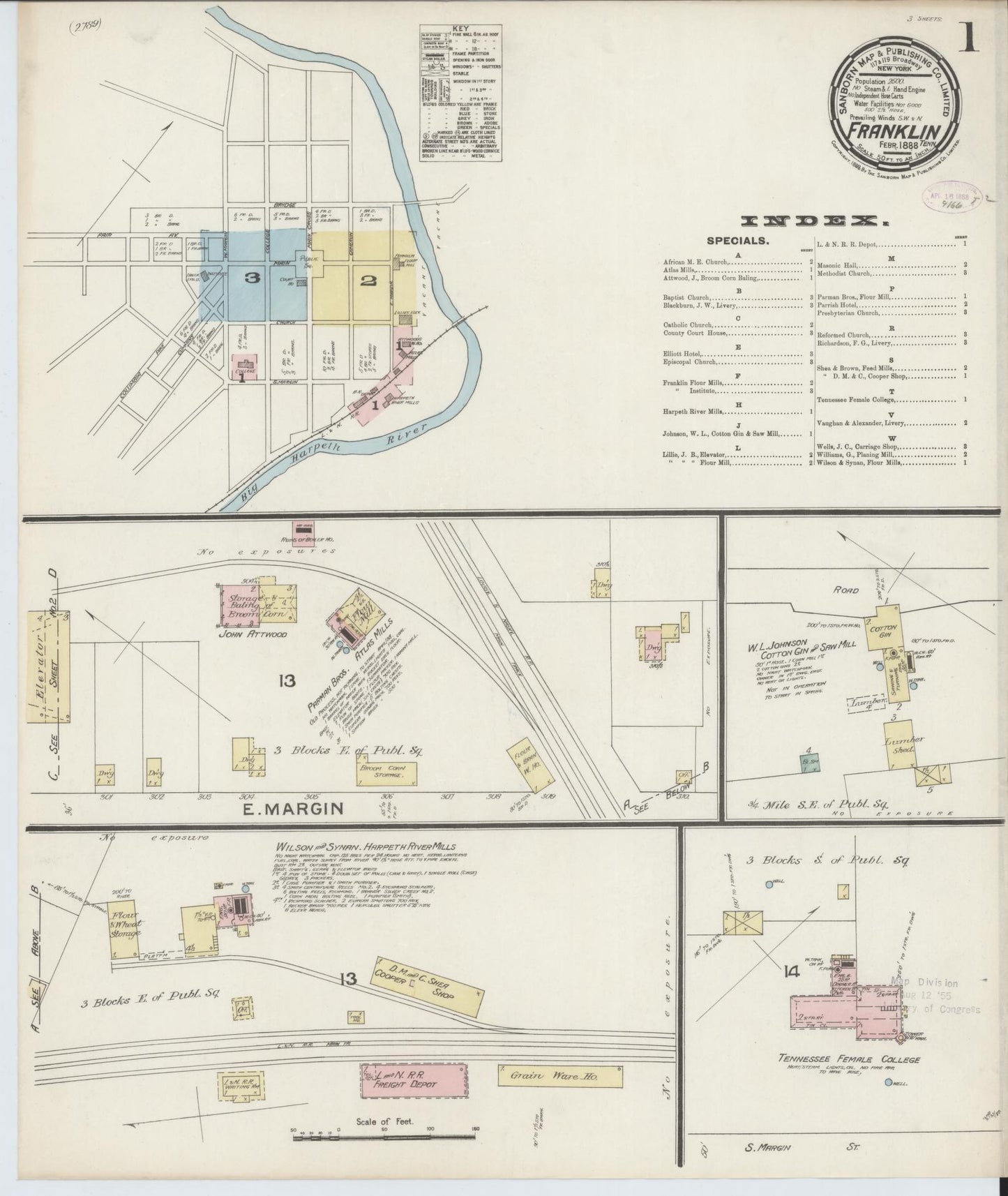 Sanborn Fire Insurance Map from Franklin, Williamson County, Tennessee. (1888) – Historic Sanborn Fire Insurance Map Print
