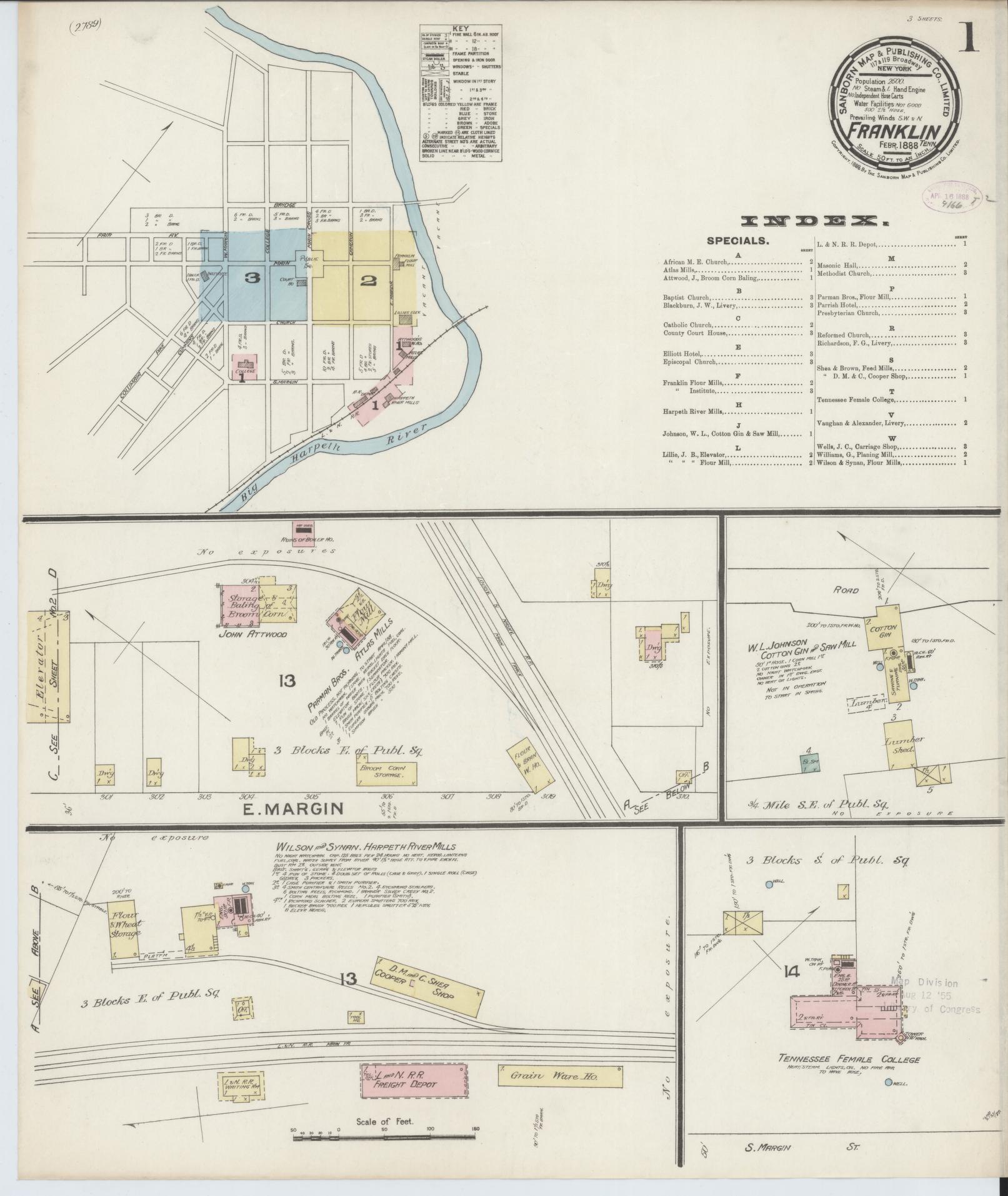 Sanborn Fire Insurance Map from Franklin, Williamson County, Tennessee. (1888) – Historic Sanborn Fire Insurance Map Print