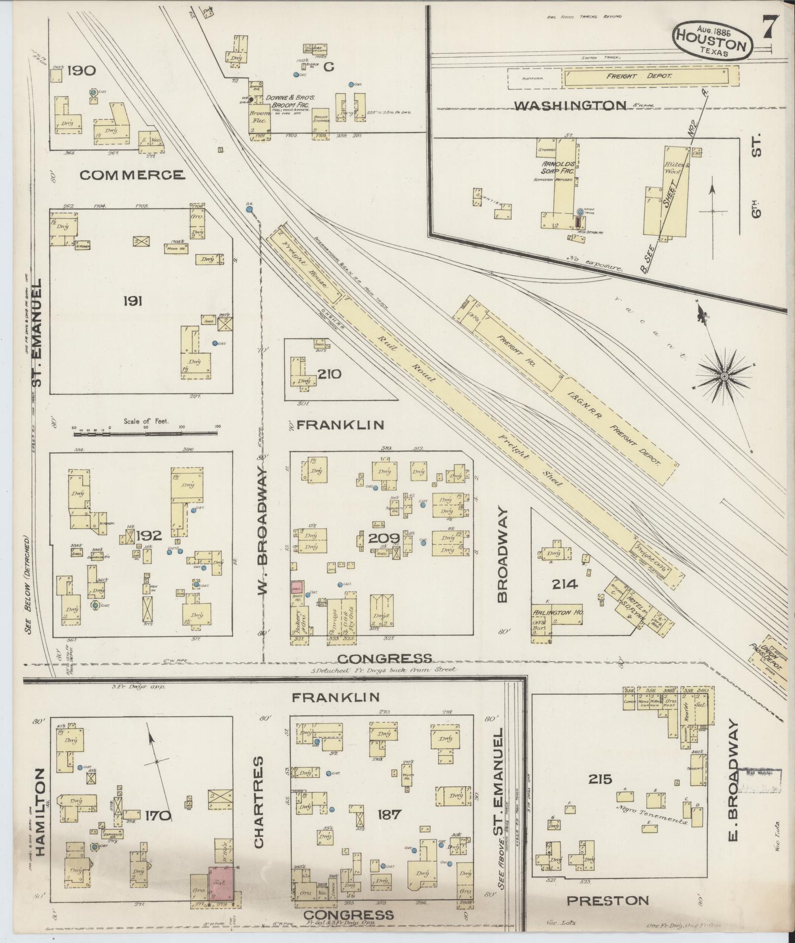 Sanborn Fire Insurance Map from Houston, Harris County, Texas (1885), Sheet #0007 - Complete Map Set gallery image, historic Sanborn map, vintage wall art, Texas Texas