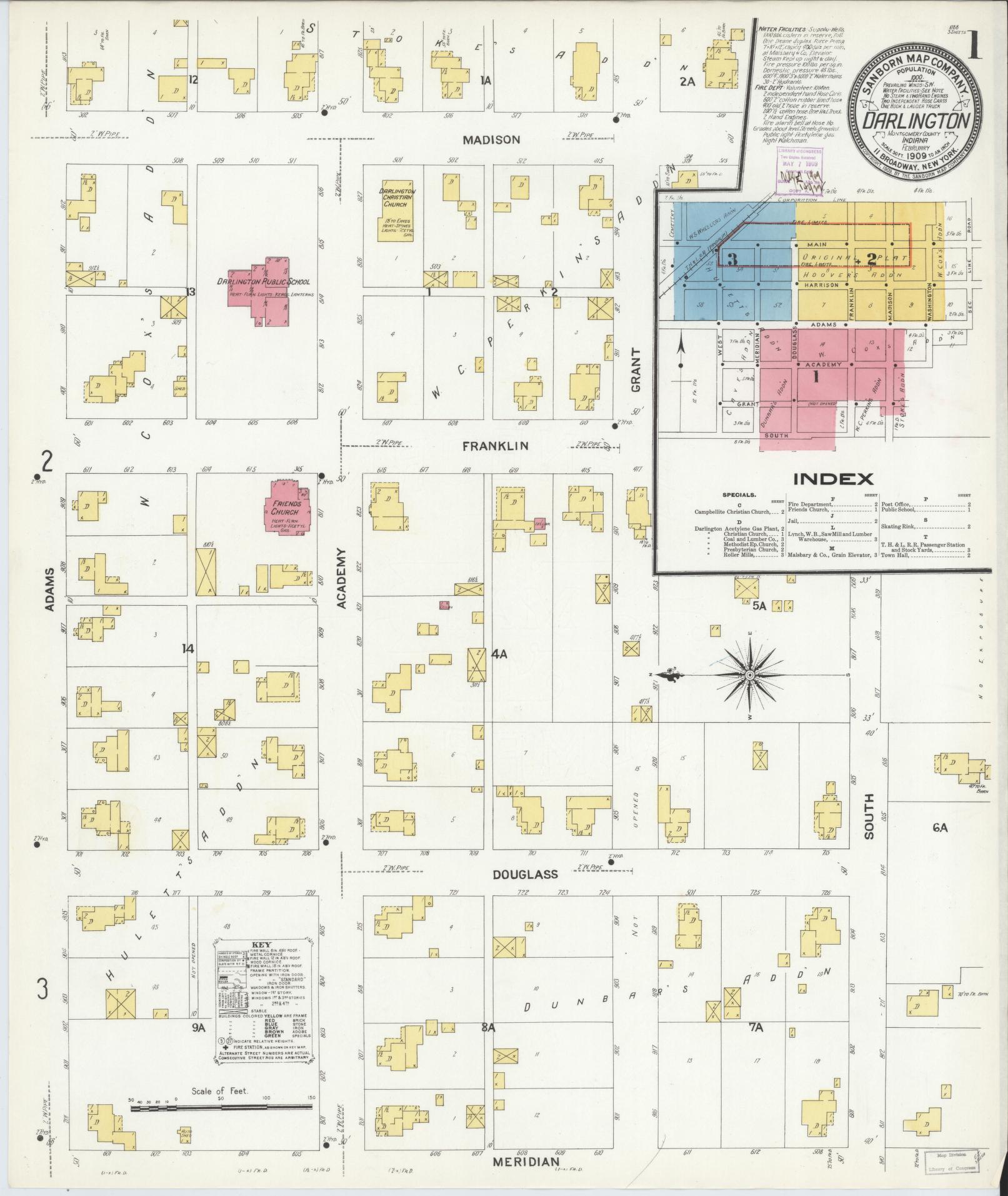 Sanborn Fire Insurance Map from Darlington, Montgomery County, Indiana (1909), Sheet #0001 - Historic Sanborn Fire Insurance Map Print, vintage old map wall art, antique decor, genealogy gift, Indiana Indiana map