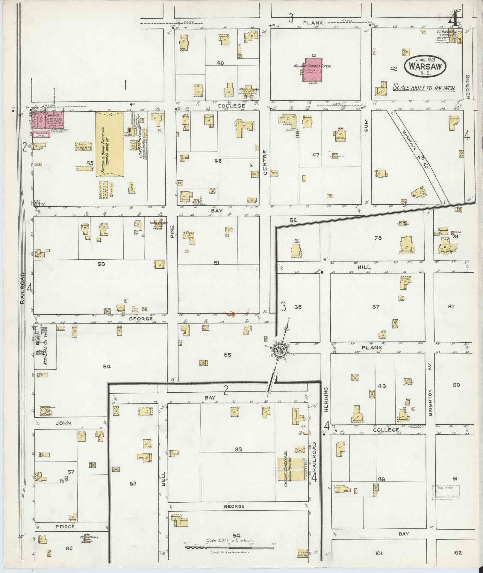 Sanborn Fire Insurance Map from Warsaw, Duplin County, North Carolina (1921), Sheet #0004 - Historic Sanborn Fire Insurance Map Print, vintage old map wall art, antique decor, genealogy gift, North Carolina North Carolina map