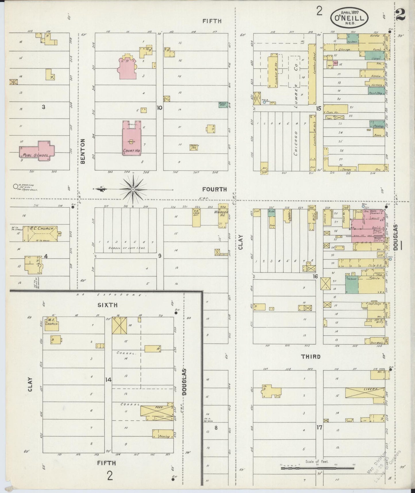 Sanborn Fire Insurance Map from O'Neill, Holt County, Nebraska (1897), Sheet #0002 - Complete Map Set gallery image, historic Sanborn map, vintage wall art, Nebraska Nebraska