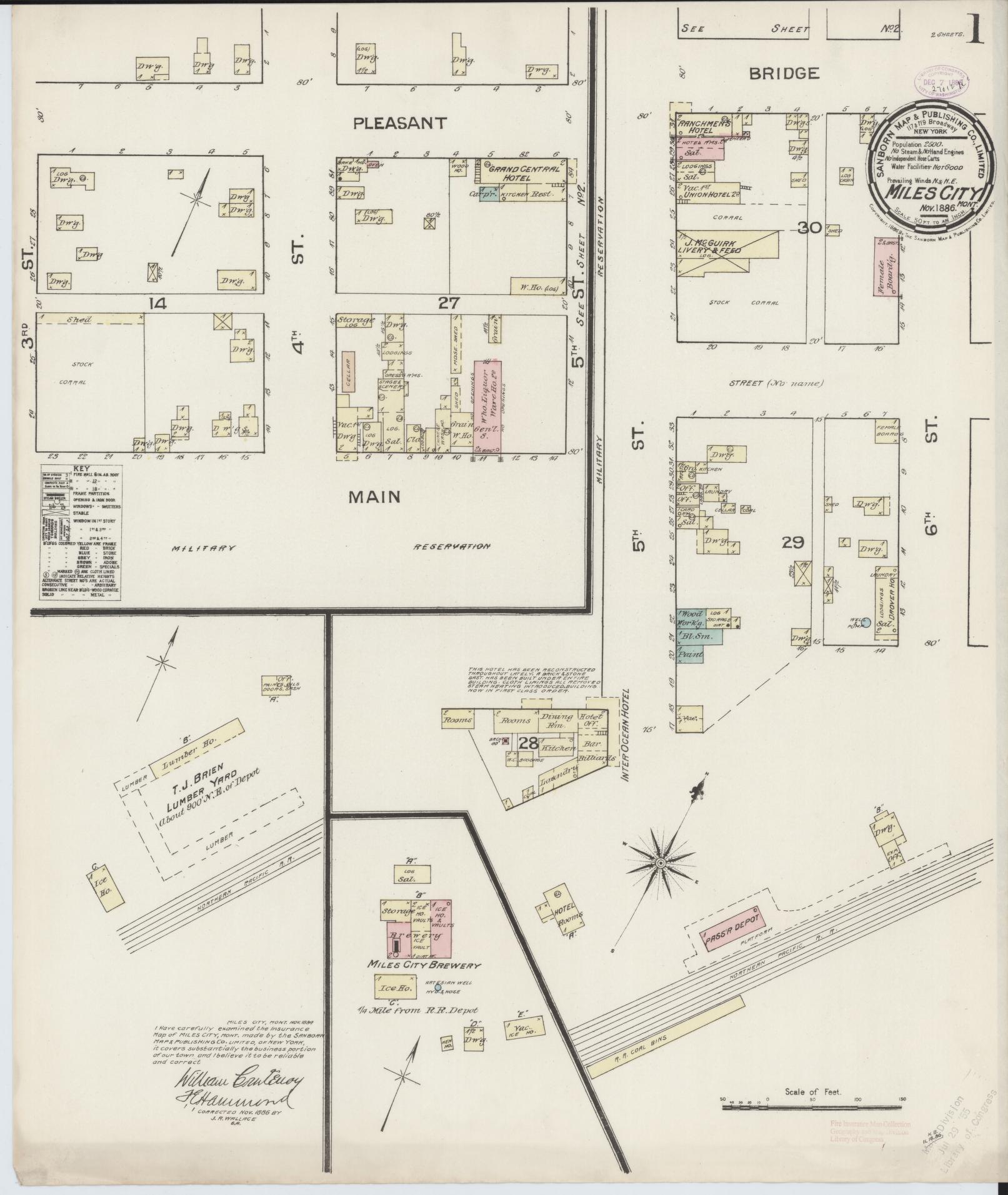 Sanborn Fire Insurance Map from Miles City, Custer County, Montana (1886), Sheet #0001 - Historic Sanborn Fire Insurance Map Print, vintage old map wall art, antique decor, genealogy gift, Montana Montana map