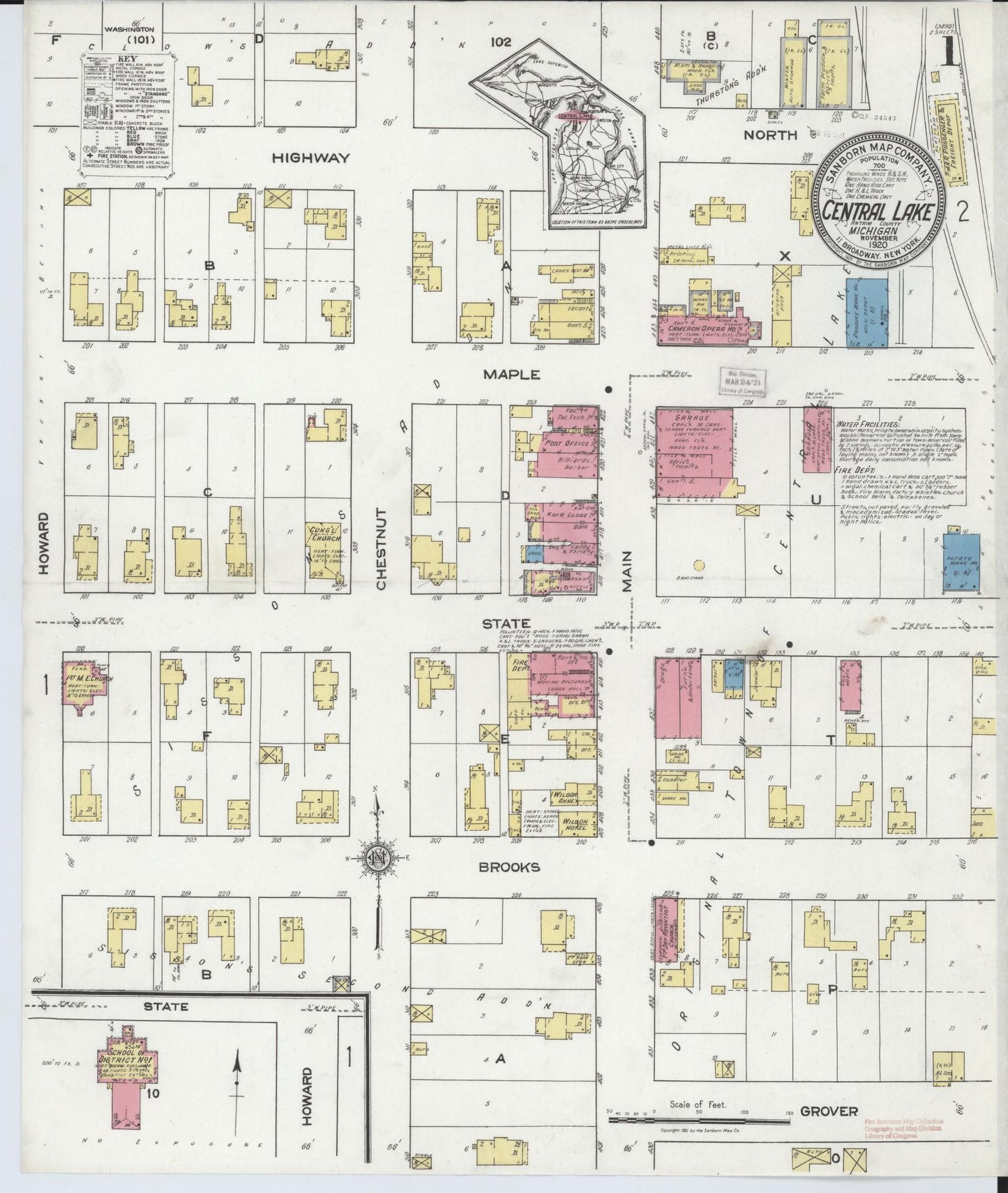 Sanborn Fire Insurance Map from Central Lake, Antrim County, Michigan (1920), Sheet #0001 - Historic Sanborn Fire Insurance Map Print, vintage old map wall art, antique decor, genealogy gift, Michigan Michigan map