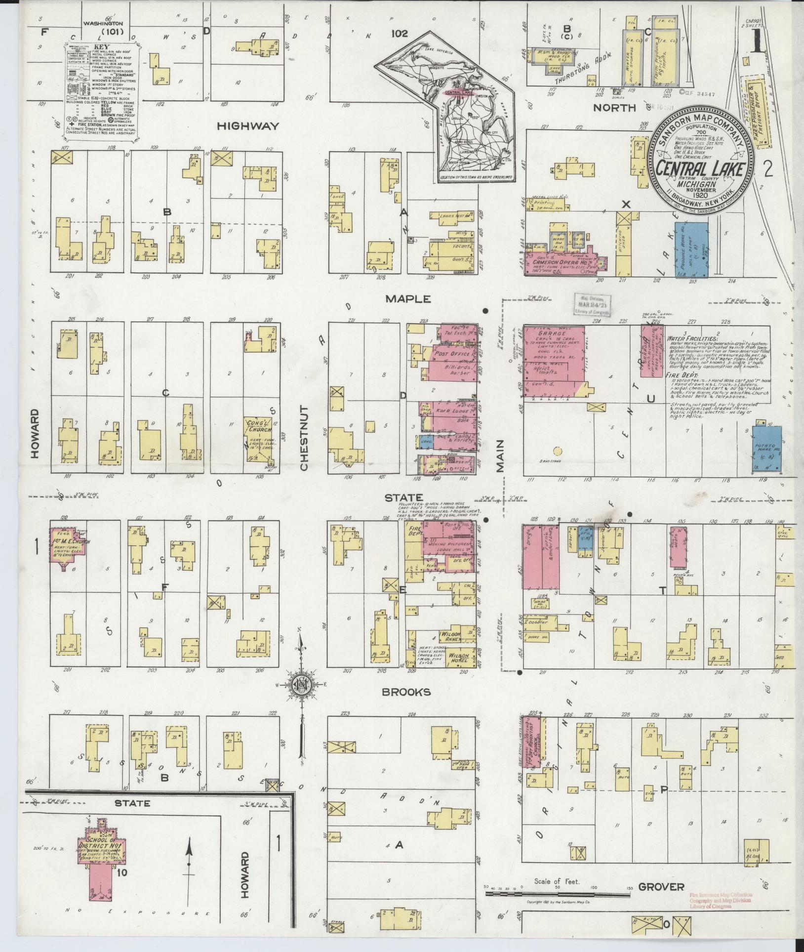 Sanborn Fire Insurance Map from Central Lake, Antrim County, Michigan (1920), Sheet #0001 - Historic Sanborn Fire Insurance Map Print, vintage old map wall art, antique decor, genealogy gift, Michigan Michigan map