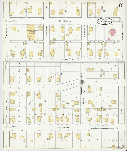 Sanborn Fire Insurance Map from Martinsville, Morgan County, Indiana (1916), Sheet #0008 - Historic Sanborn Fire Insurance Map Print, vintage old map wall art, antique decor, genealogy gift, Indiana Indiana map