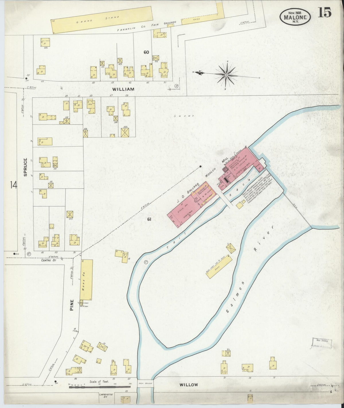 Sanborn Fire Insurance Map from Malone, Franklin County, New York (1908), Sheet #0015 - Historic Sanborn Fire Insurance Map Print, vintage old map wall art, antique decor, genealogy gift, New York New York map