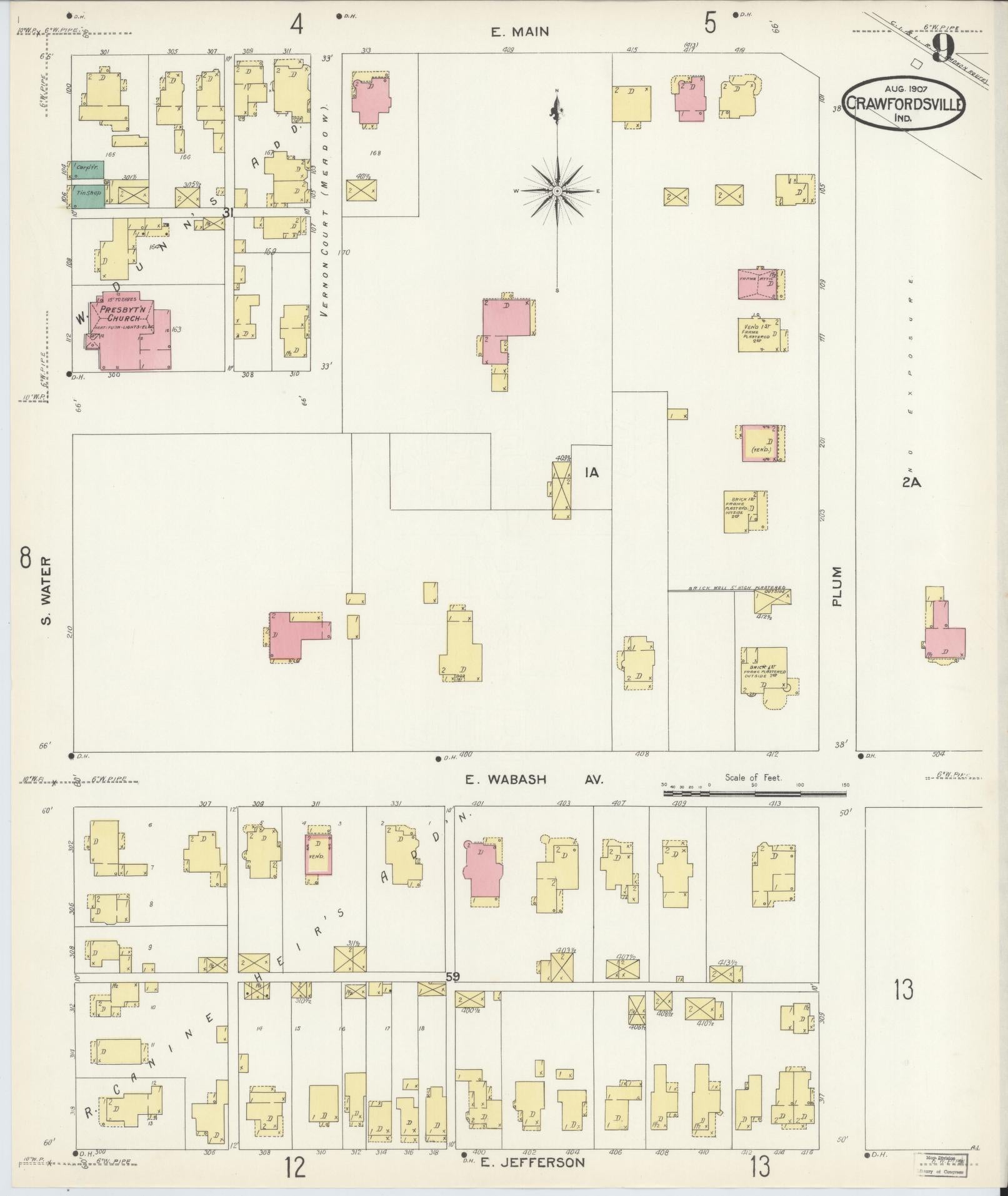 Sanborn Fire Insurance Map from Crawfordsville, Montgomery County, Indiana (1907), Sheet #0009 - Complete Map Set gallery image, historic Sanborn map, vintage wall art, Indiana Indiana