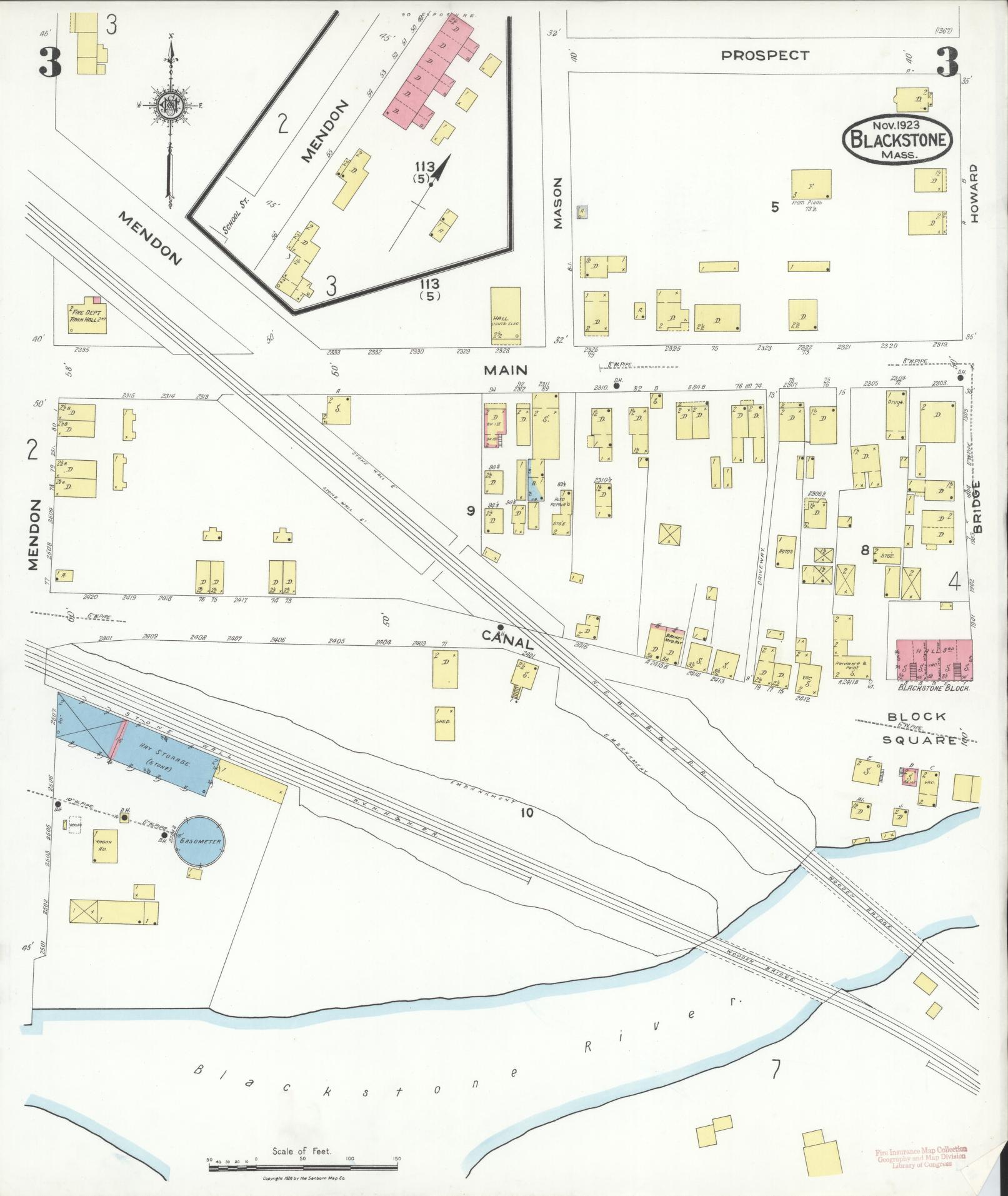 Sanborn Fire Insurance Map from Blackstone, Worcester County, Massachusetts (1923), Sheet #0003 - Complete Map Set gallery image, historic Sanborn map, vintage wall art, Massachusetts Massachusetts