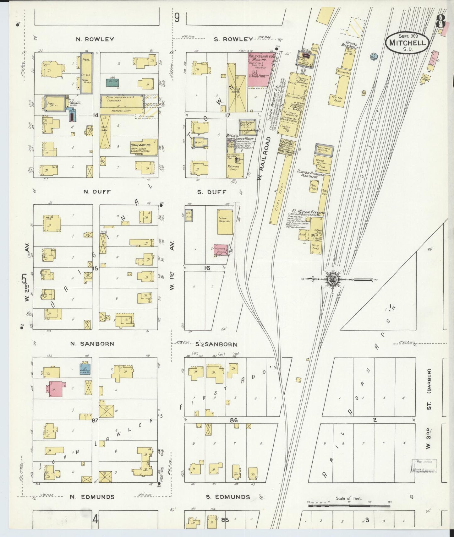 Sanborn Fire Insurance Map from Mitchell, Davison County, South Dakota (1909), Sheet #0008 - Historic Sanborn Fire Insurance Map Print, vintage old map wall art, antique decor, genealogy gift, South Dakota South Dakota map