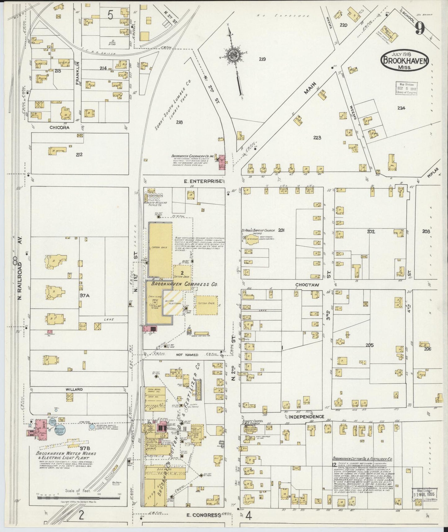 Sanborn Fire Insurance Map from Brookhaven, Lincoln County, Mississippi (1918), Sheet #0009 - Historic Sanborn Fire Insurance Map Print, vintage old map wall art, antique decor, genealogy gift, Mississippi Mississippi map