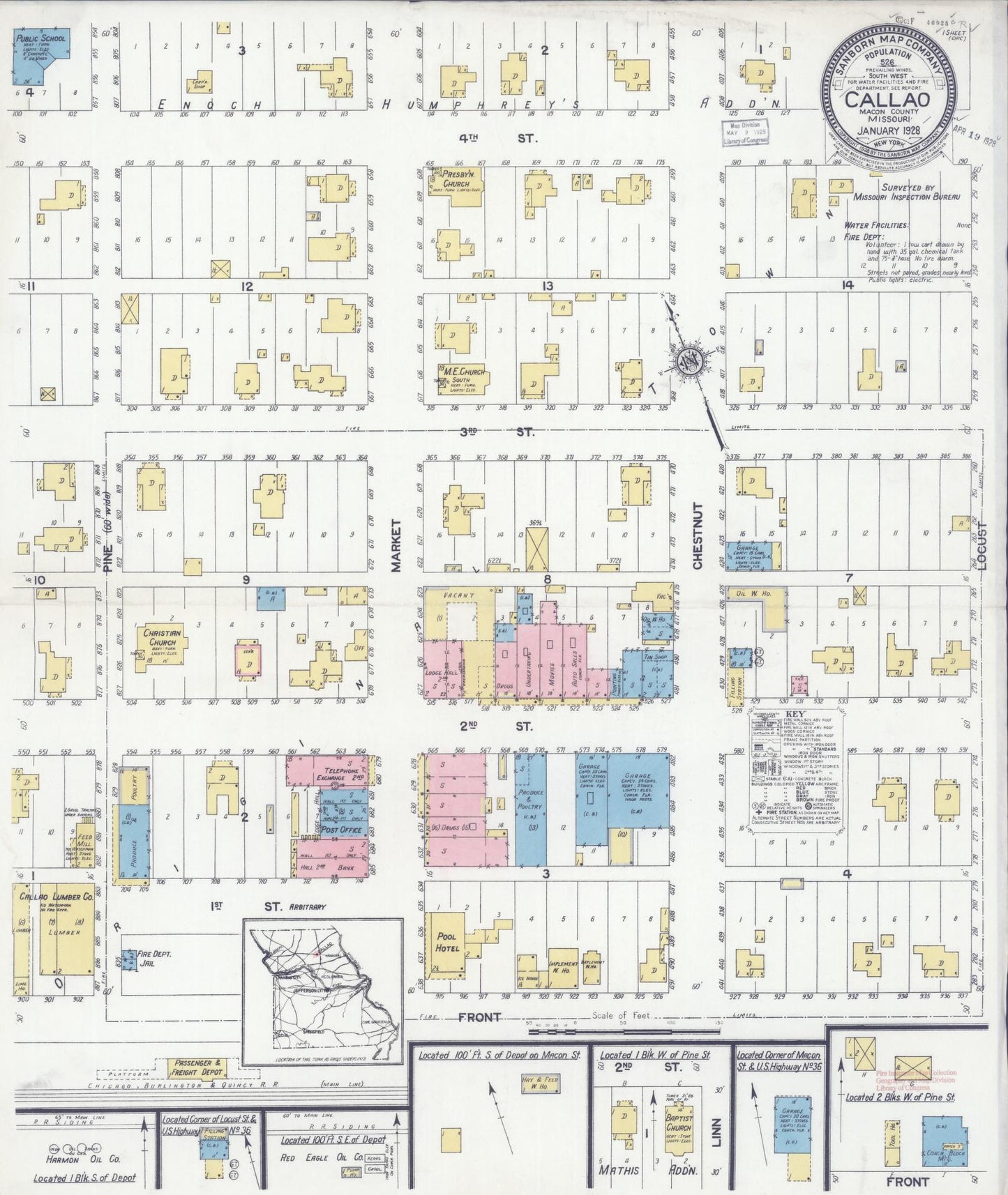 Sanborn Fire Insurance Map from Callao, Macon County, Missouri (1928), Sheet #0001 - Historic Sanborn Fire Insurance Map Print, vintage old map wall art, antique decor, genealogy gift, Missouri Missouri map